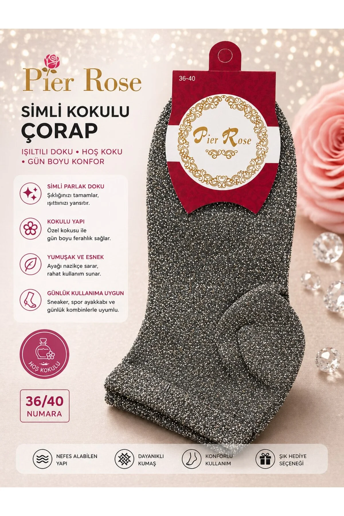 Pier Rose Simli Kadın Çorap Kokulu Parlak Soket Çorap 3 lü Paket