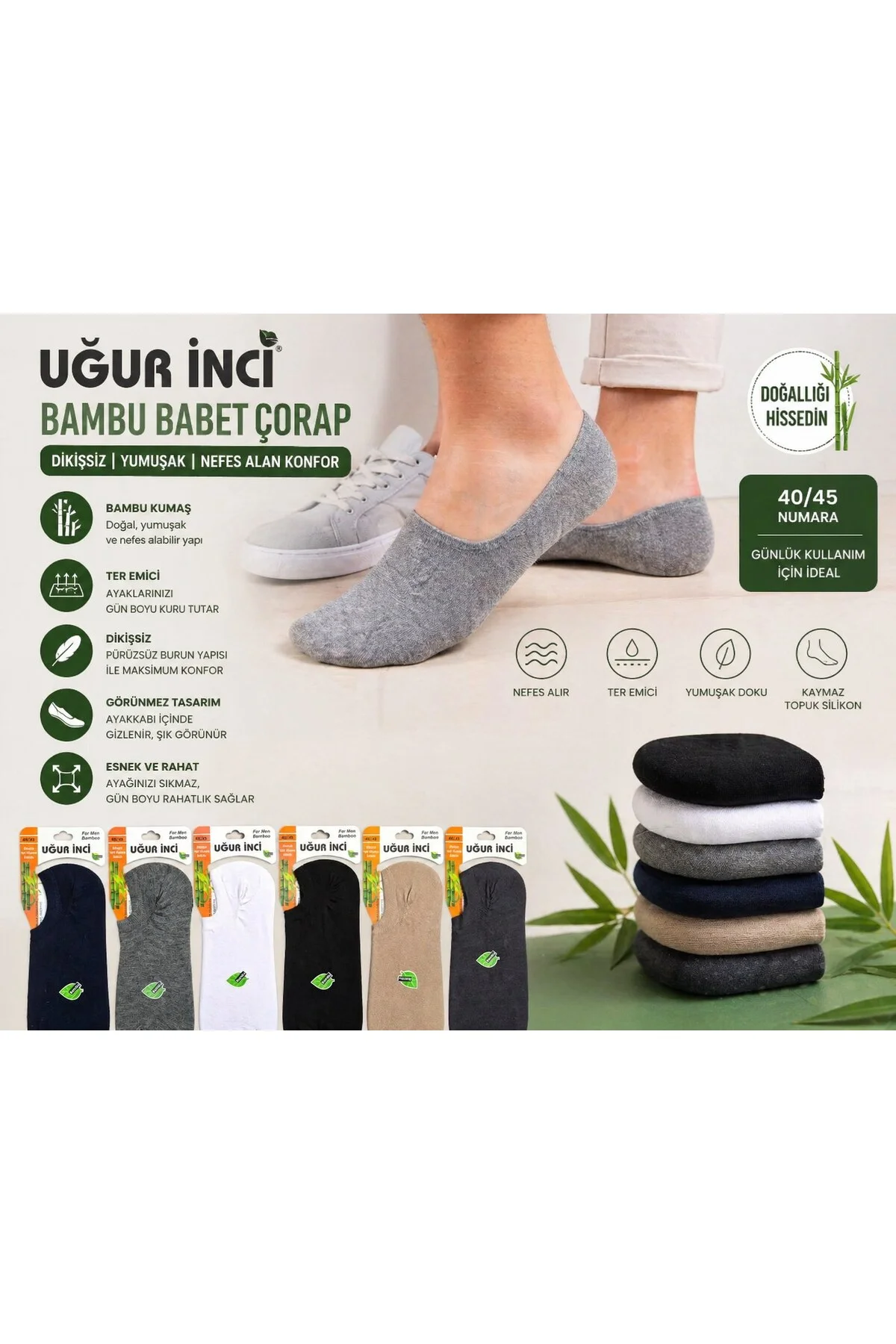 Erkek Bambu Babet Çorap Dikişsiz Yumuşak 3'lü Paket - Uğur İnci Görsel 2
