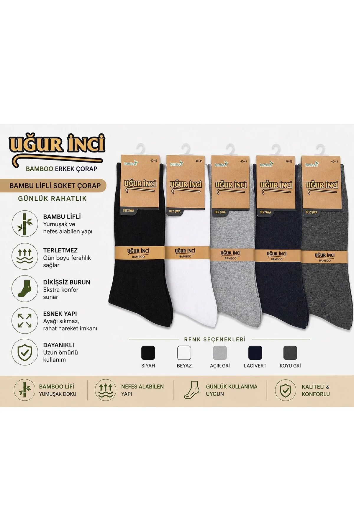 Klasik Bambu Erkek Çorabı – Nefes Alan, Terletmeyen, Yumuşak ve Dayanıklı Günlük Çorap 3 l - Uğur İnci Görsel 2