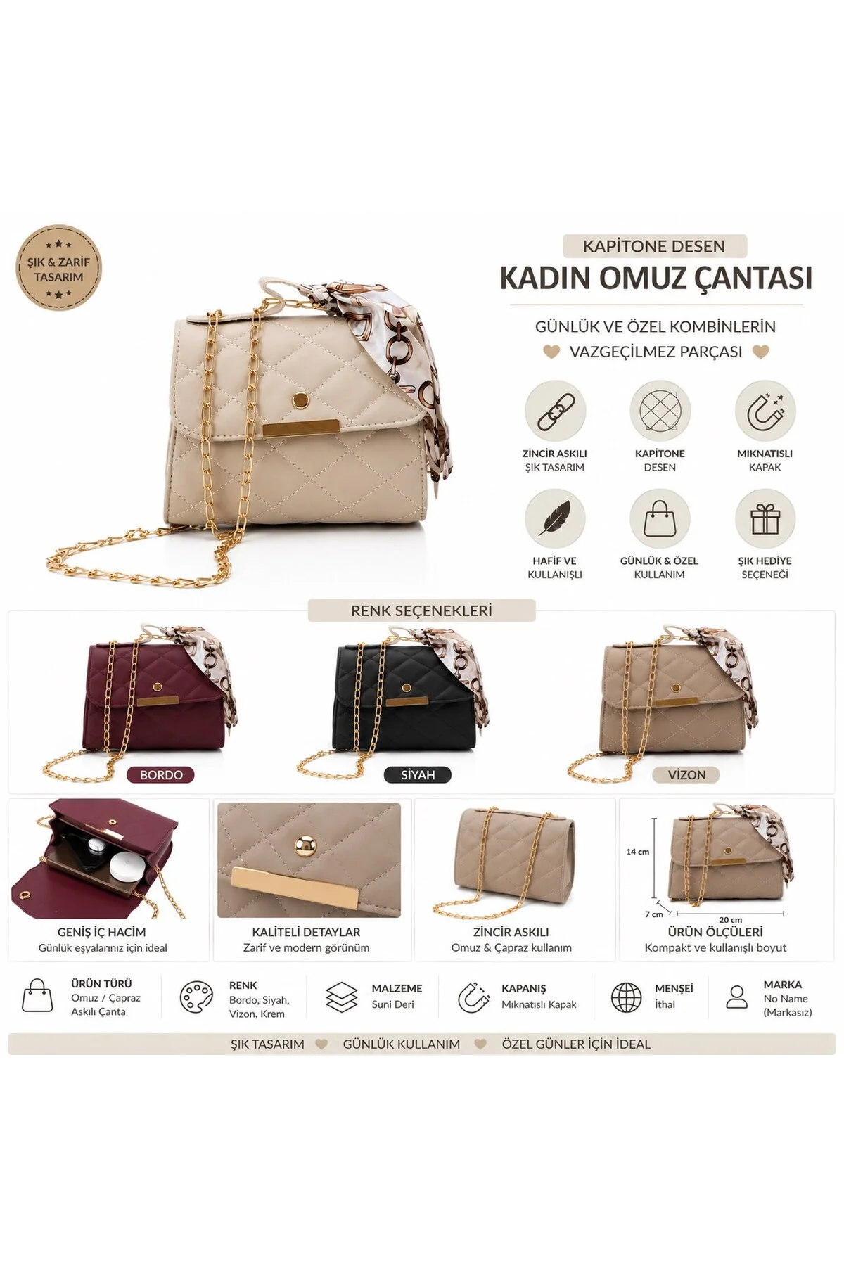 Kadın Kapitone Zincir Askılı Omuz Çantası – Krem Renk – Şık Günlük ve Abiye Kullanım MY01 - Logis Görsel 3