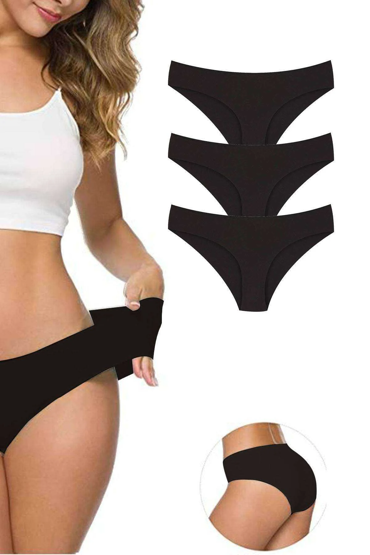 3 Adet Kadın Dikişsiz Lazer Kesim Esnek İz yapmayan Külot Siyah - Just Cheap Store Görsel 2