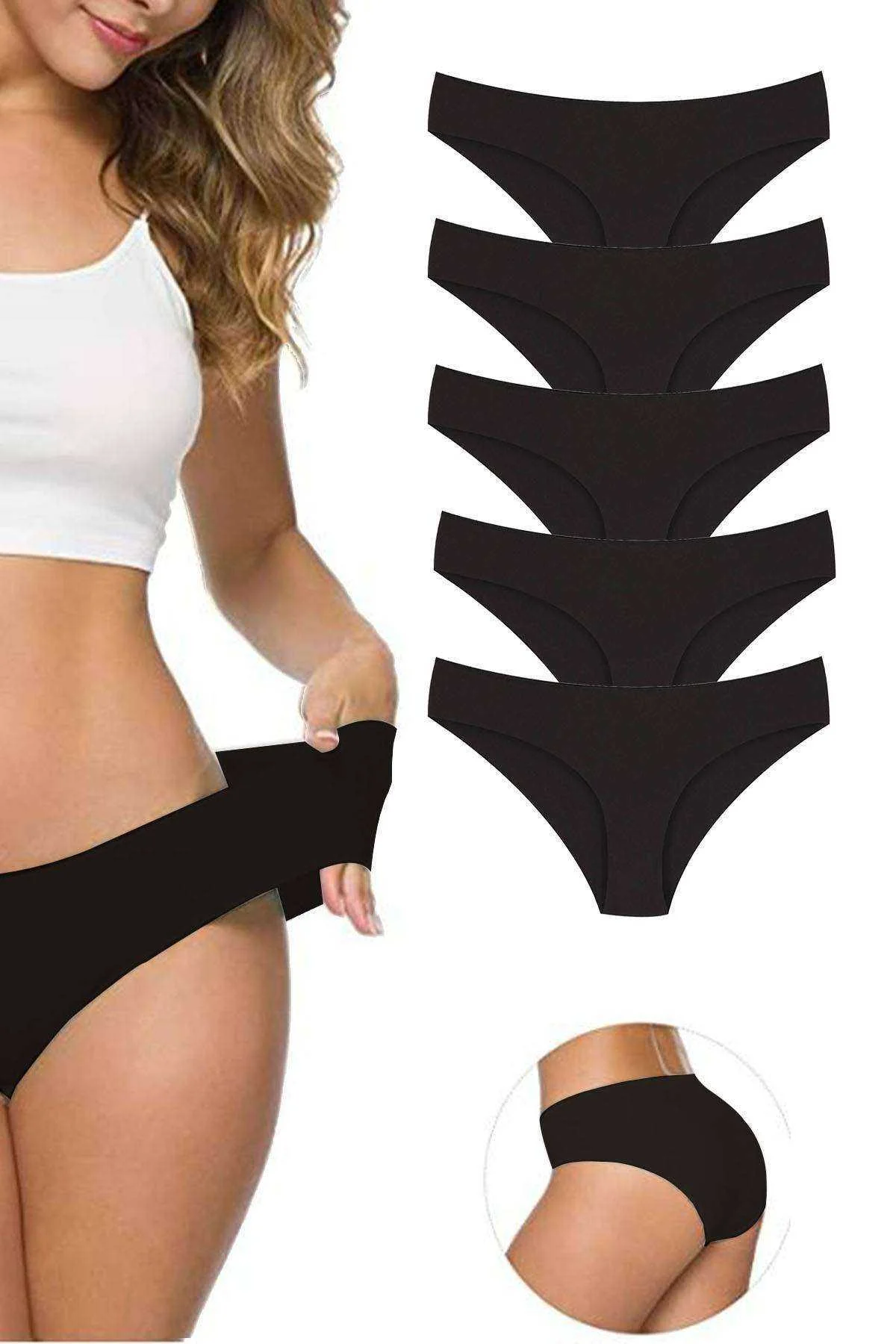 5 Adet Kadın Dikişsiz Lazer Kesim Esnek İz yapmayan Külot Siyah - Just Cheap Store Görsel 2