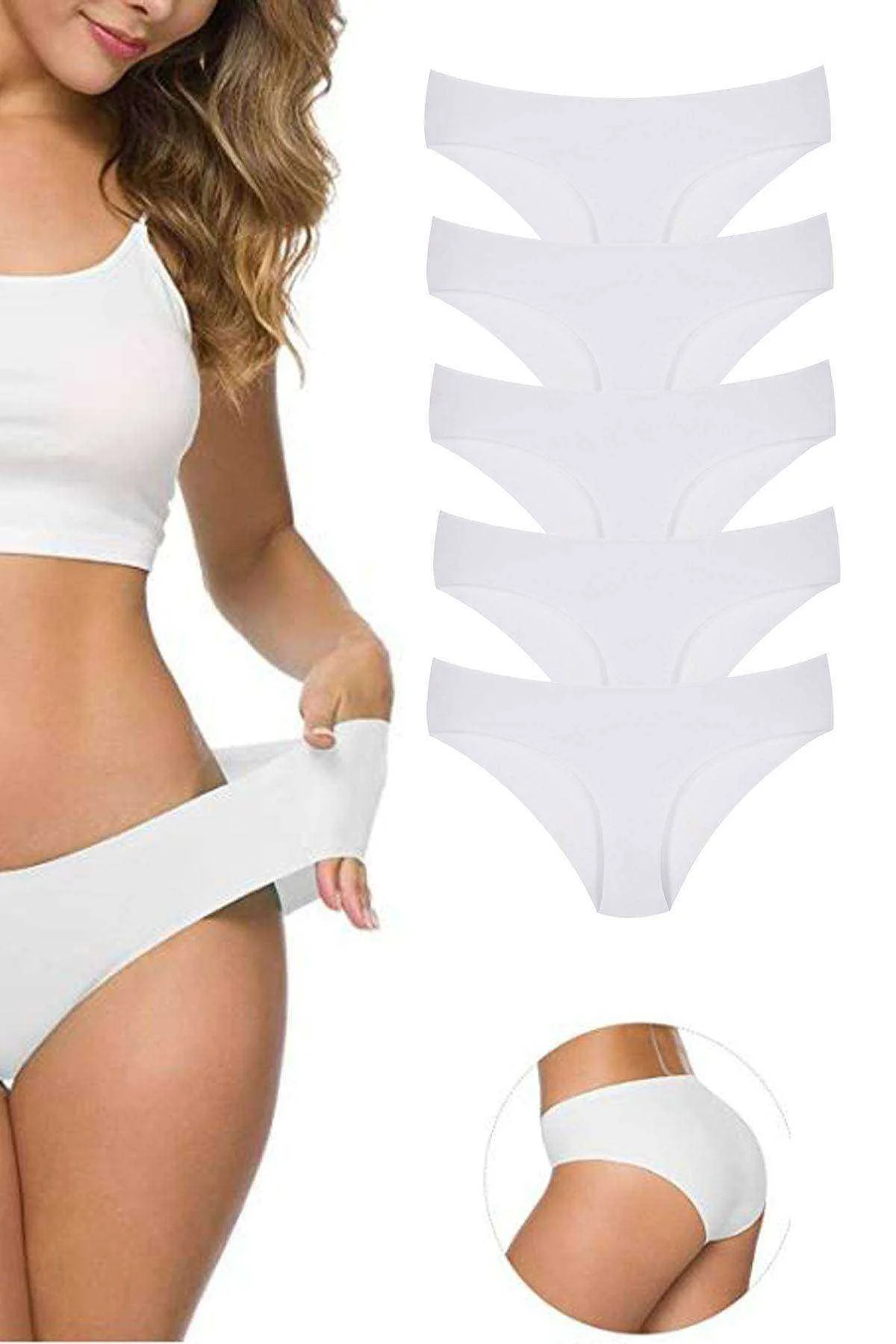 5 Adet Kadın Dikişsiz Lazer Kesim Esnek İz yapmayan Külot Beyaz - Just Cheap Store Görsel 2