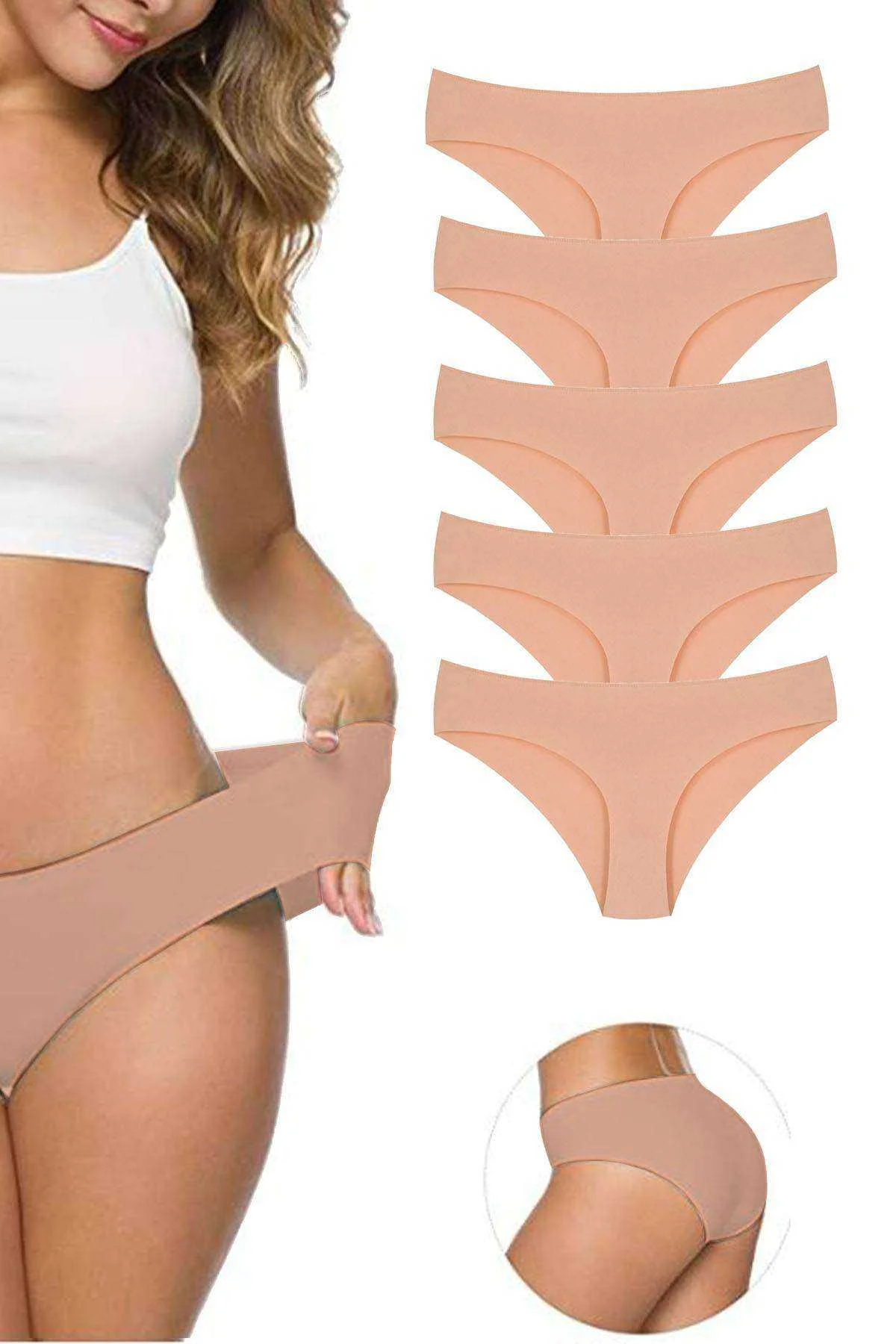 5 Adet Kadın Dikişsiz Lazer Kesim Esnek İz yapmayan Külot Ten - Just Cheap Store Görsel 2