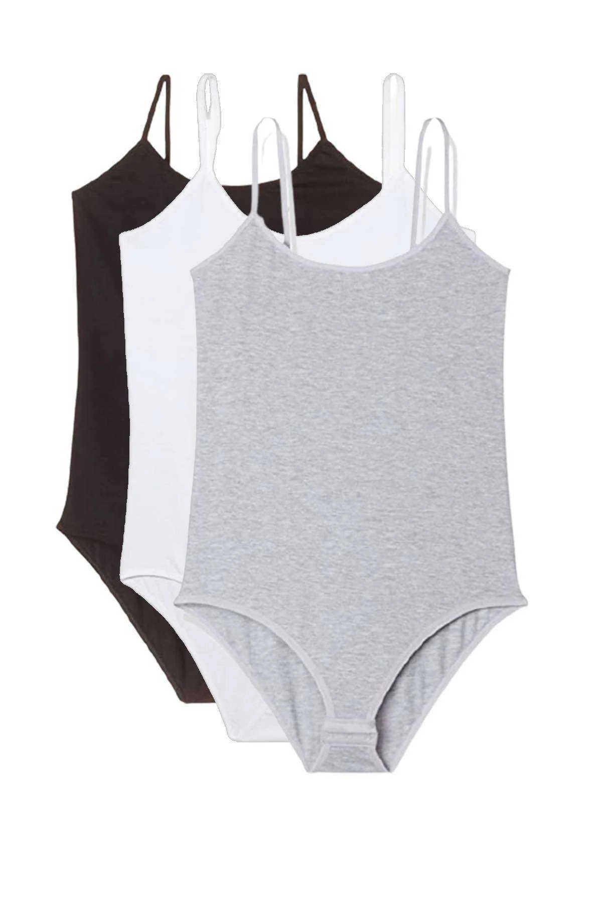 3 Adet İp Askılı Kadın Çıtçıtlı Body Siyah Beyaz Gri - Just Cheap Store Görsel 2