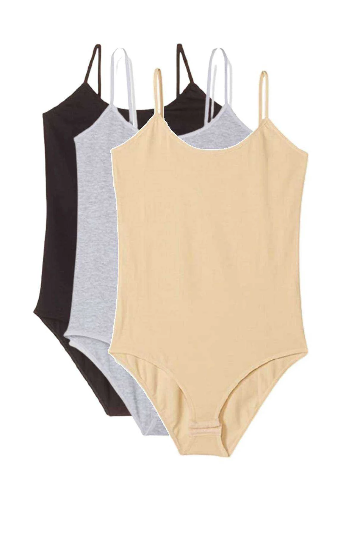 3 Adet İp Askılı Kadın Çıtçıtlı Body Siyah Gri Ten - Just Cheap Store Görsel 2