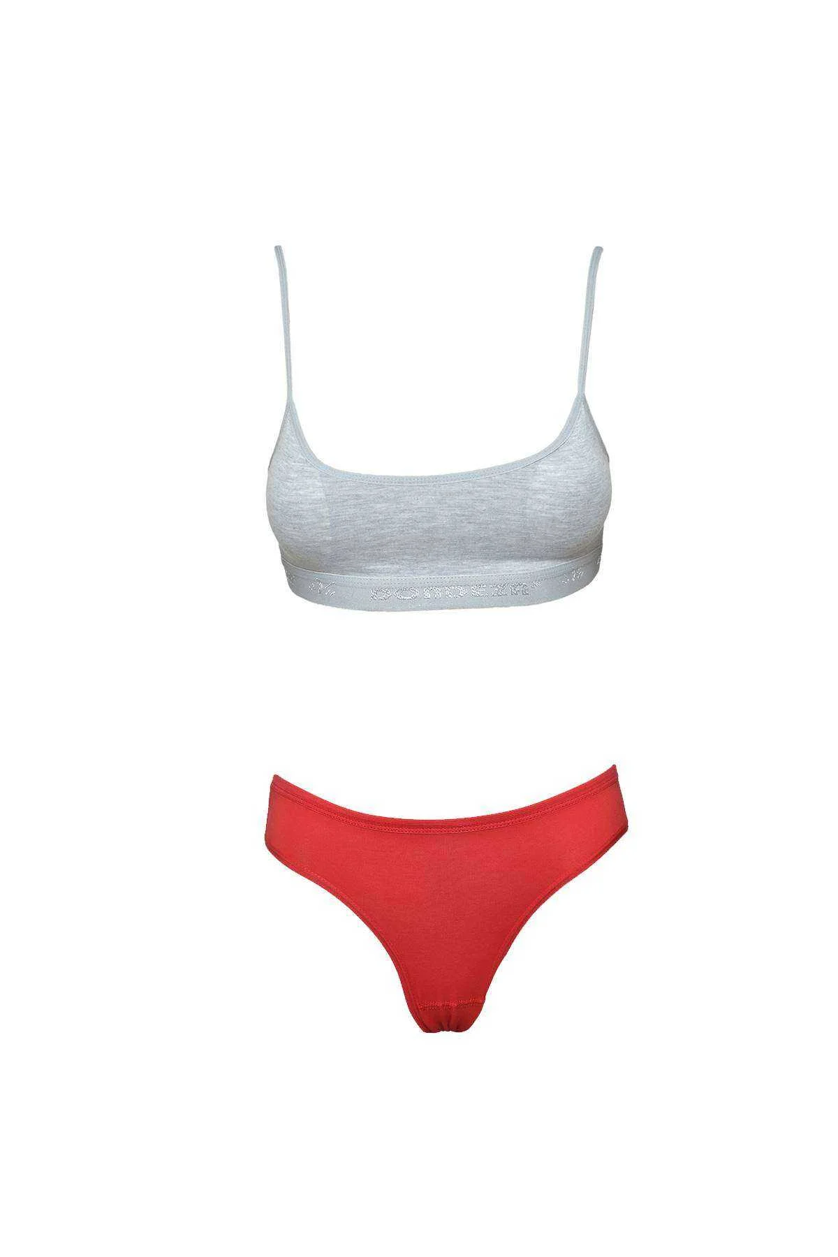 Pedli İp Askılı Yarım Atlet Büstiyer Külot Takım Gri Kırmızı - Just Cheap Store Görsel 5