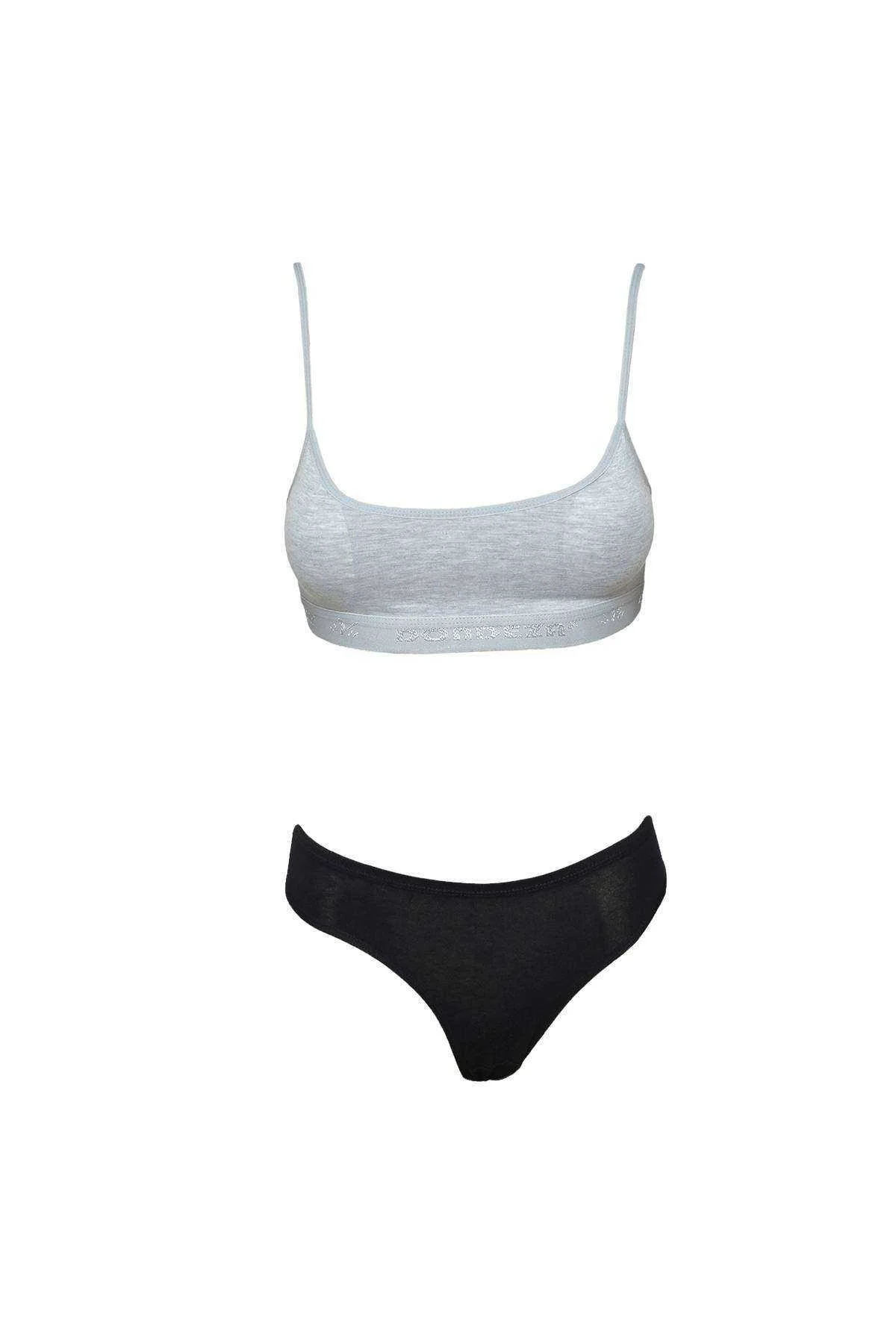 Pedli İp Askılı Yarım Atlet Büstiyer Külot Takım Gri Siyah - Just Cheap Store Görsel 2