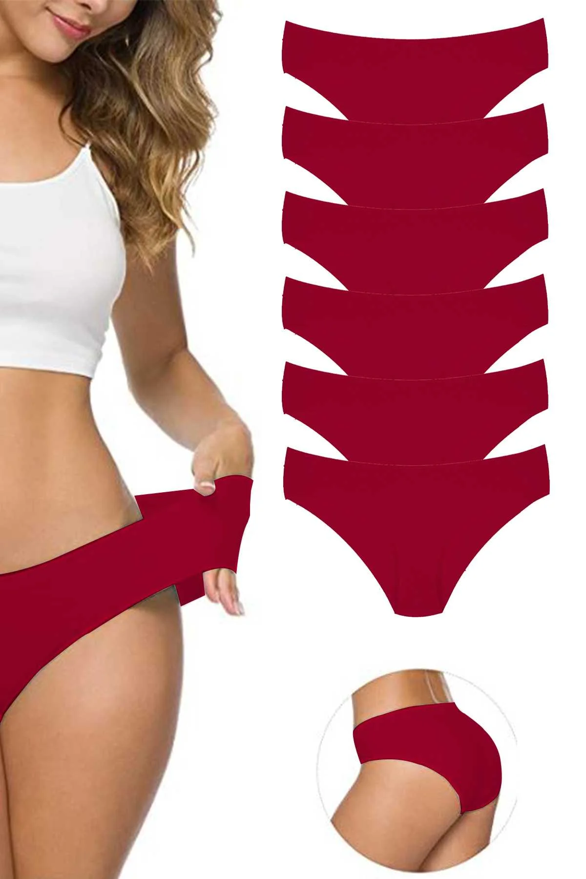 6 Adet Kadın Dikişsiz Lazer Kesim Esnek İz yapmayan Külot Bordo - Just Cheap Store Görsel 2