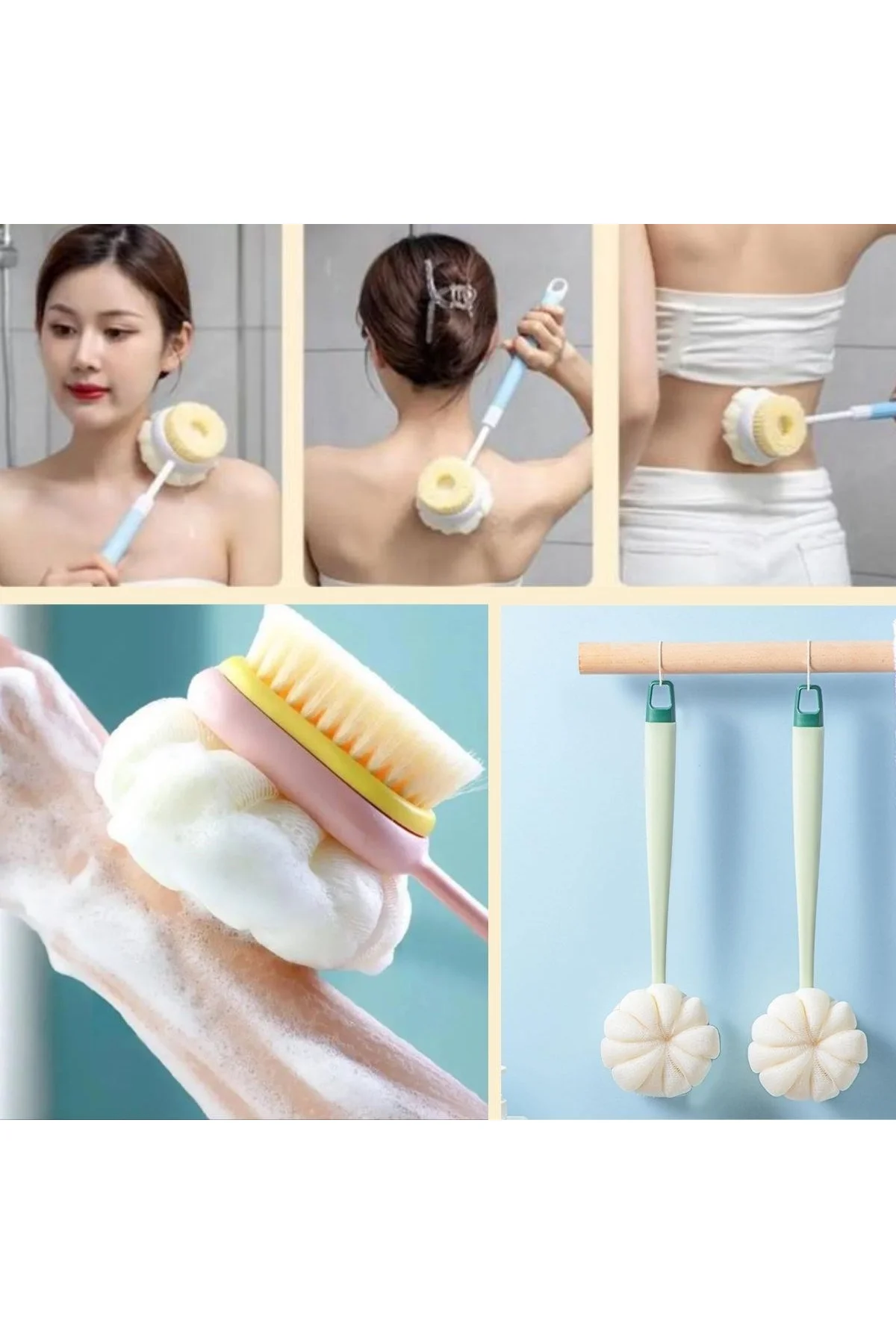 2&amp;apos;si 1 Arada Çift Taraflı Uzun Saplı Fırçalı Banyo Vücut Sırt Fırçası Banyo Lifi - Just Cheap Store Görsel 3