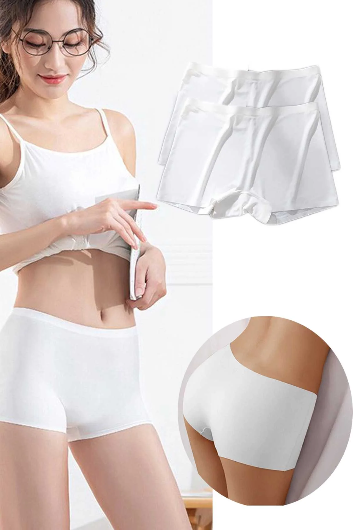 2 Adet Kadın Dikişsiz Görünmez İz Yapmaz Mini Şort Boxer Beyaz - Just Cheap Store Görsel 2