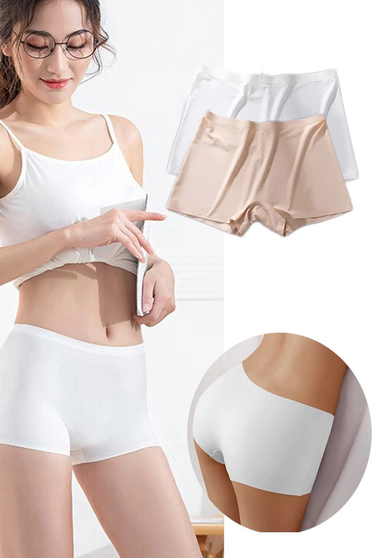 2 Adet Kadın Dikişsiz Görünmez İz Yapmaz Mini Şort Boxer Beyaz Ten - Just Cheap Store Görsel 2