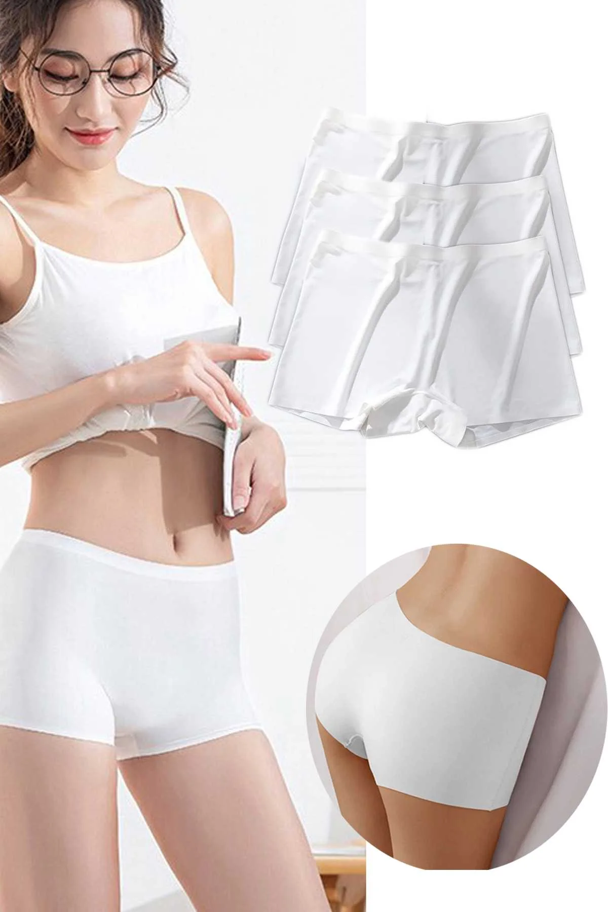 3 Adet Kadın Dikişsiz Görünmez İz Yapmaz Mini Şort Boxer Beyaz - Just Cheap Store Görsel 2