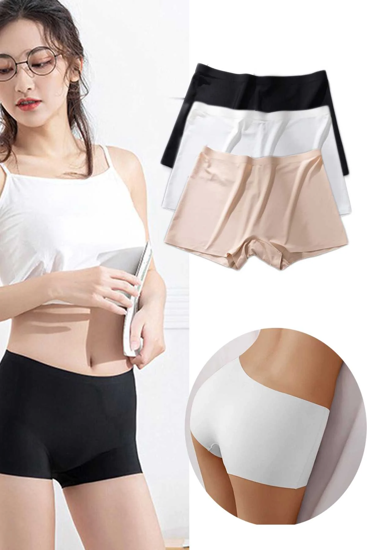 3 Adet Kadın Dikişsiz Görünmez İz Yapmaz Mini Şort Boxer Siyah Beyaz Ten - Just Cheap Store Görsel 2