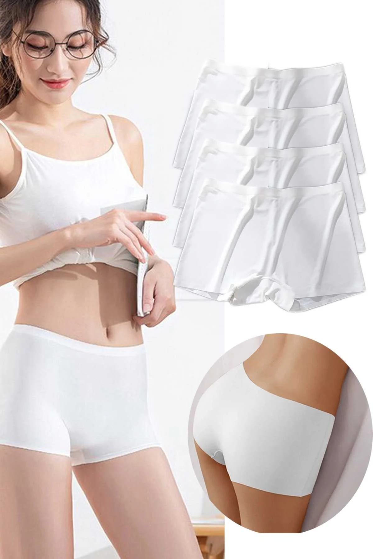 4 Adet Kadın Dikişsiz Görünmez İz Yapmaz Mini Şort Boxer Beyaz - Just Cheap Store Görsel 2