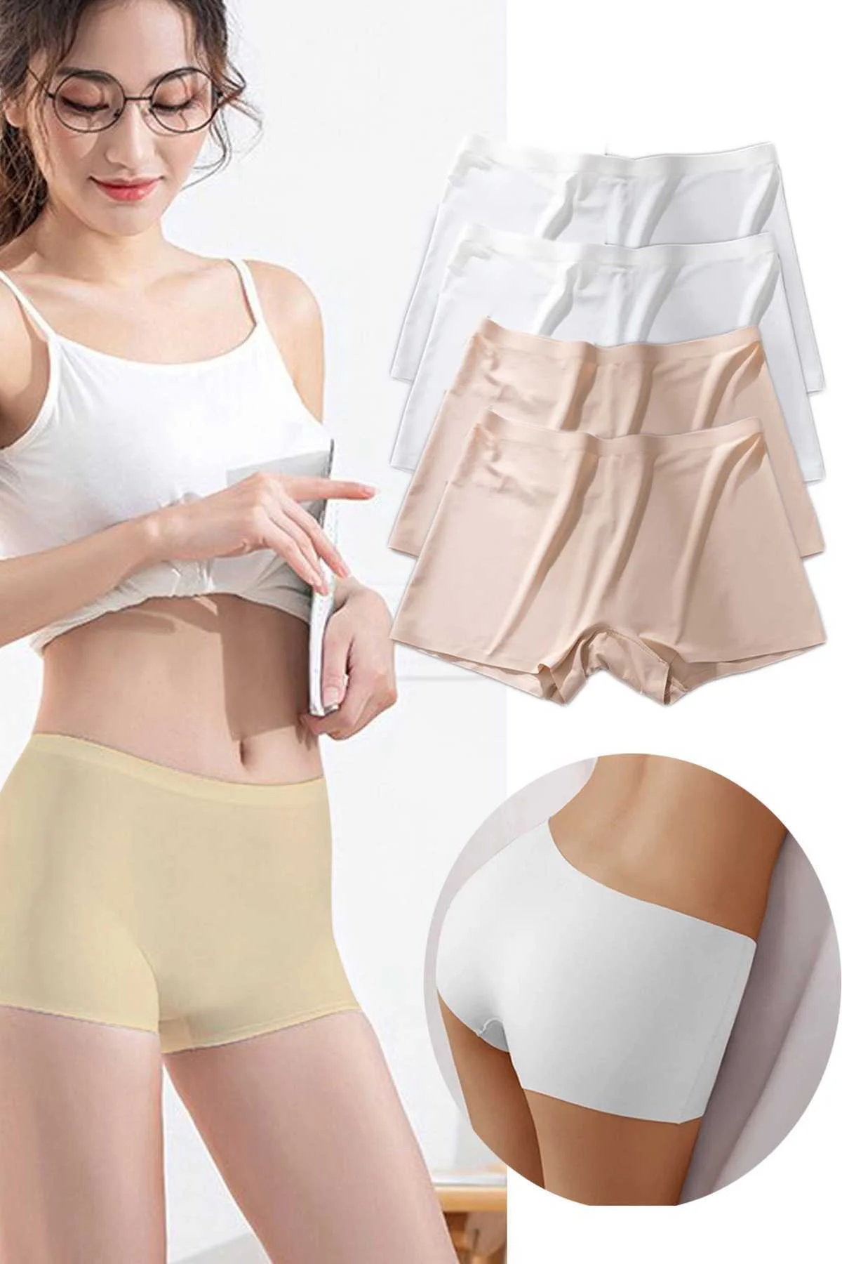 4 Adet Kadın Dikişsiz Görünmez İz Yapmaz Mini Şort Boxer Beyaz Ten - Just Cheap Store Görsel 2
