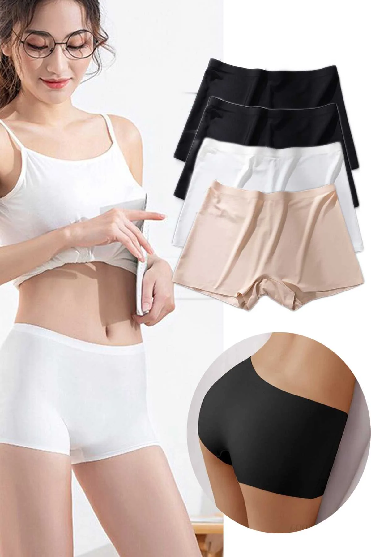 4 Adet Kadın Dikişsiz Görünmez İz Yapmaz Mini Şort Boxer Siyah Beyaz Ten - Just Cheap Store Görsel 2