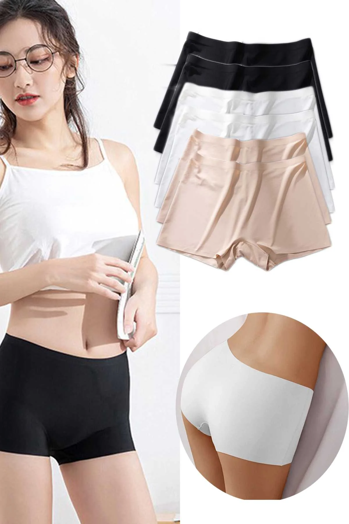 6 Adet Kadın Dikişsiz Görünmez İz Yapmaz Mini Şort Boxer Siyah Beyaz Ten - Just Cheap Store Görsel 2