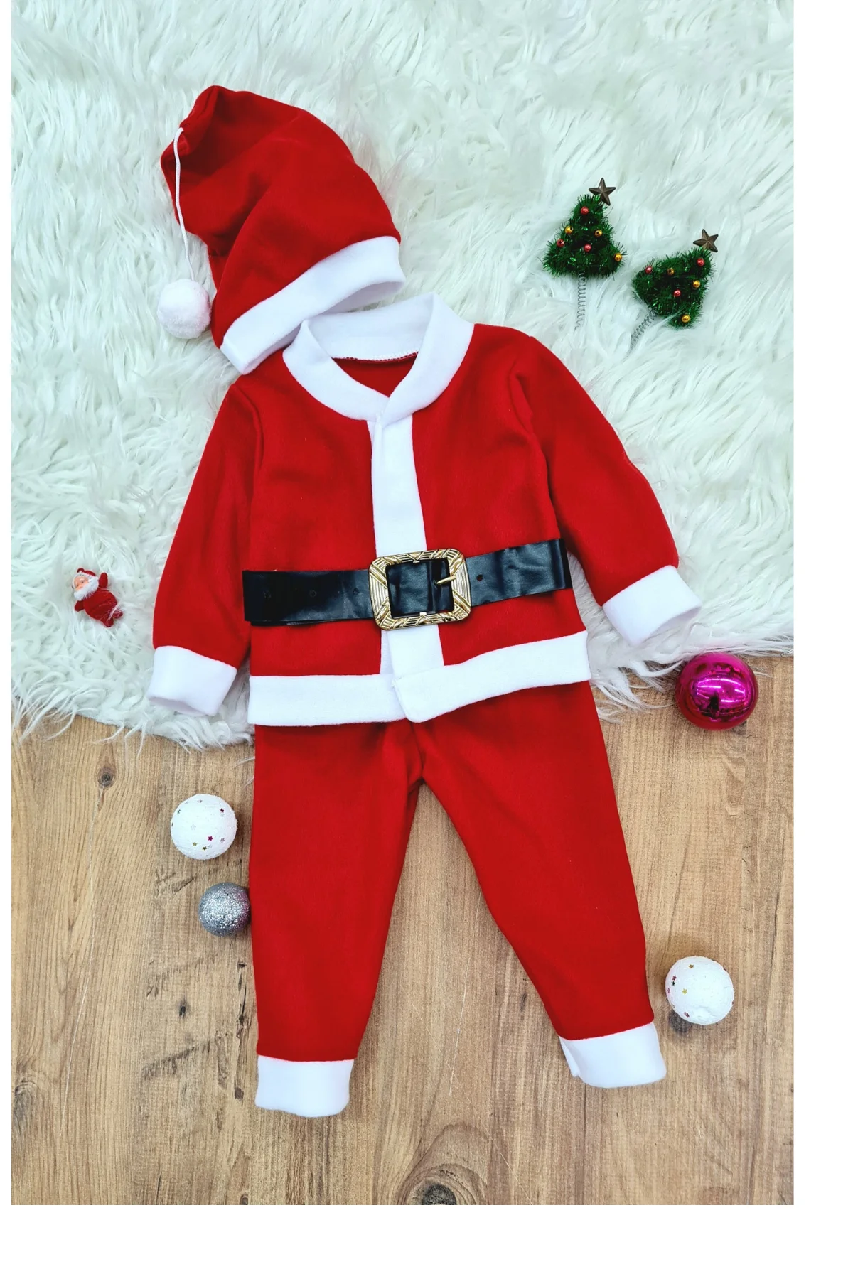 Erkek Çocuk Noel Baba Yılbaşı Kostümü Şapkalı Kemerli Bebek Kostümü - Just Cheap Store Görsel 2