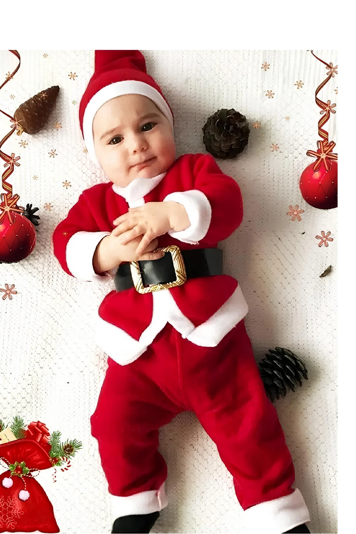 Erkek Çocuk Noel Baba Yılbaşı Kostümü Şapkalı Kemerli Bebek Kostümü - Just Cheap Store Görsel 3