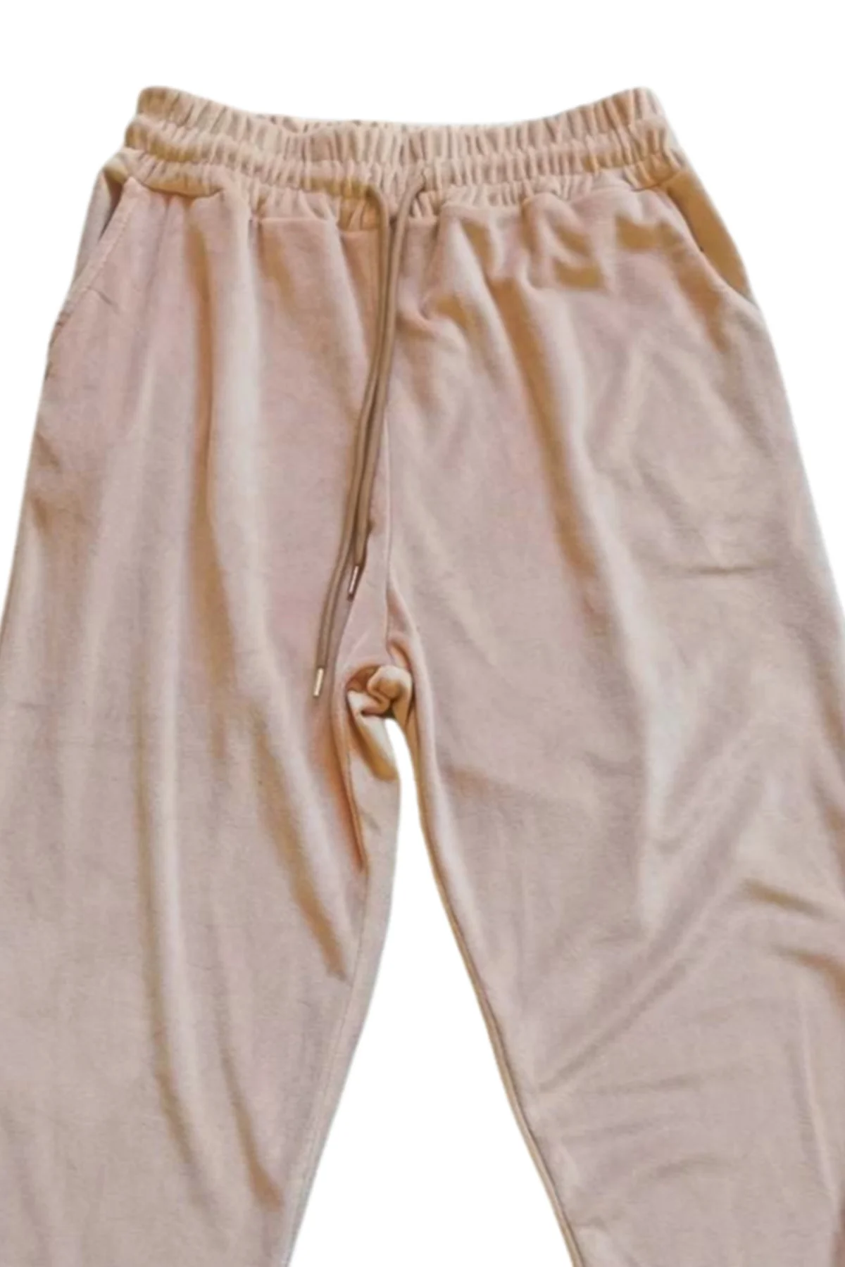 Parlak Kadife Cepli Pantolon Eşofman Pijama Altı Unisex Lastikli Paça Bej - Just Cheap Store Görsel 3