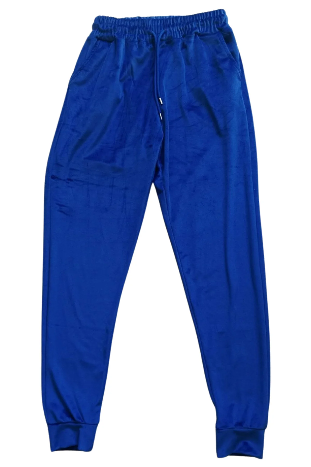 Parlak Kadife Cepli Pantolon Eşofman Pijama Altı Unisex Lastikli Paça Mavi