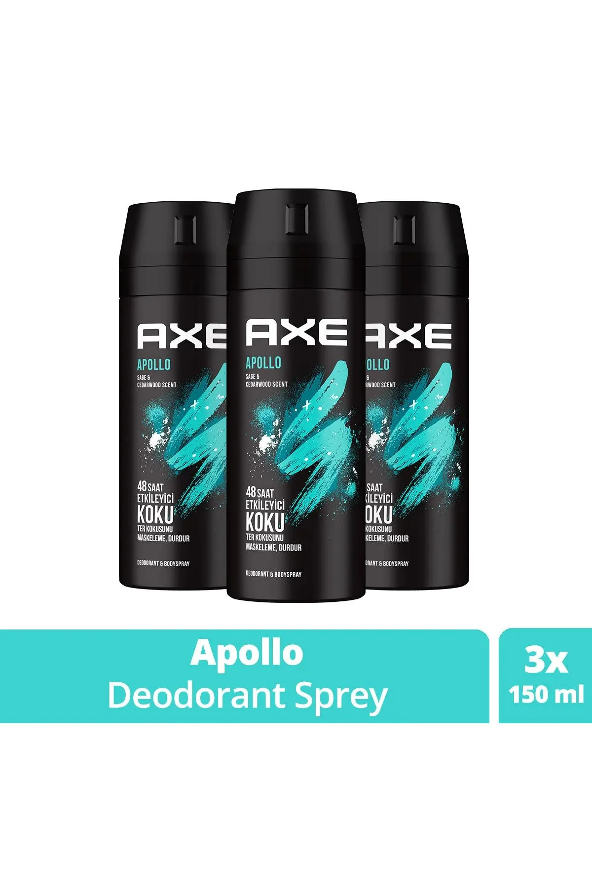 3 Adet Axe Erkek Sprey Deodorant Apollo 48 Saat Etkileyici Koku Vücut Spreyi 150 ml - Just Cheap Store Görsel 2