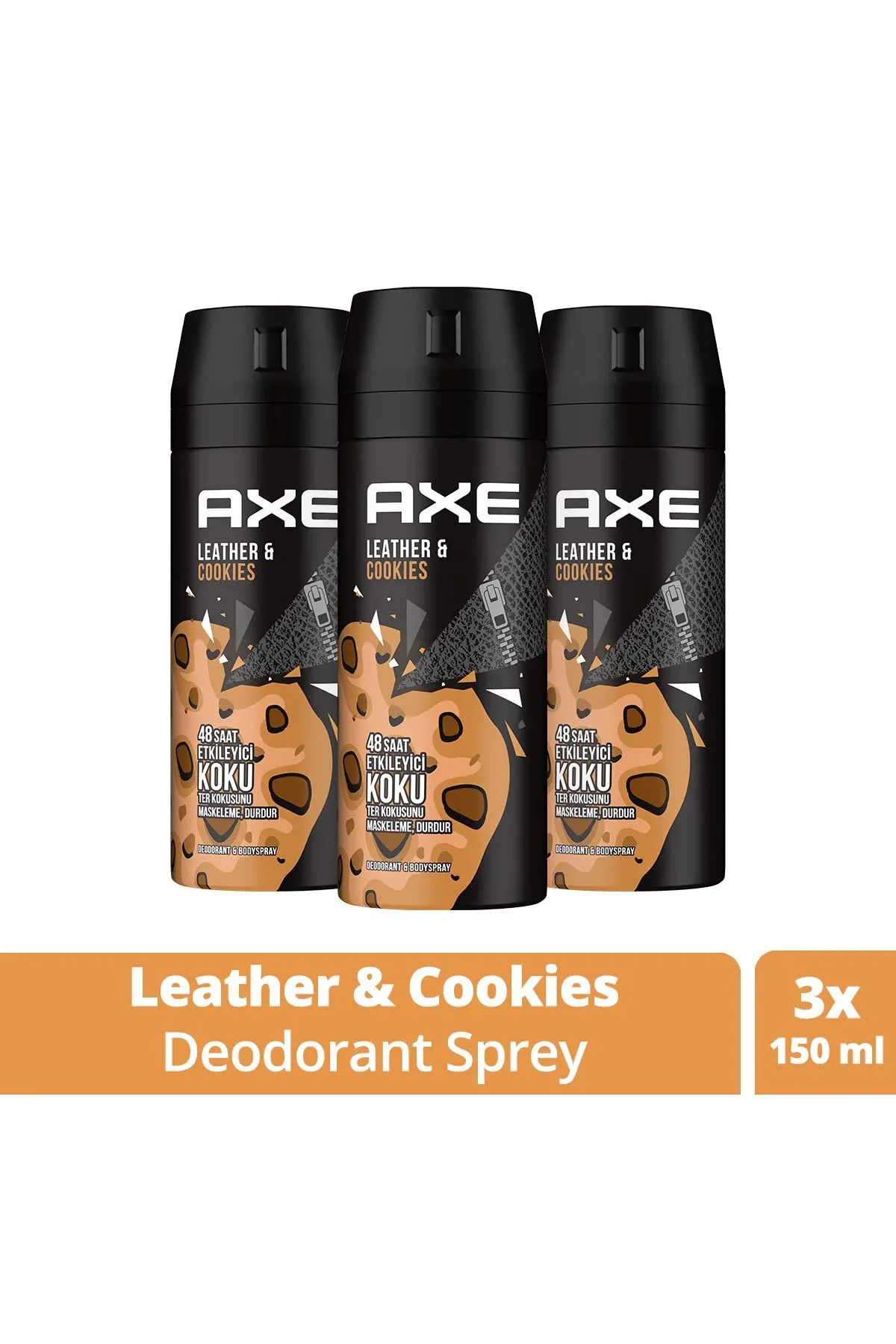 3 Adet Axe Erkek Sprey Deodorant Leather &amp; Cookies 48 Saat Etkileyeci Koku 150 ml