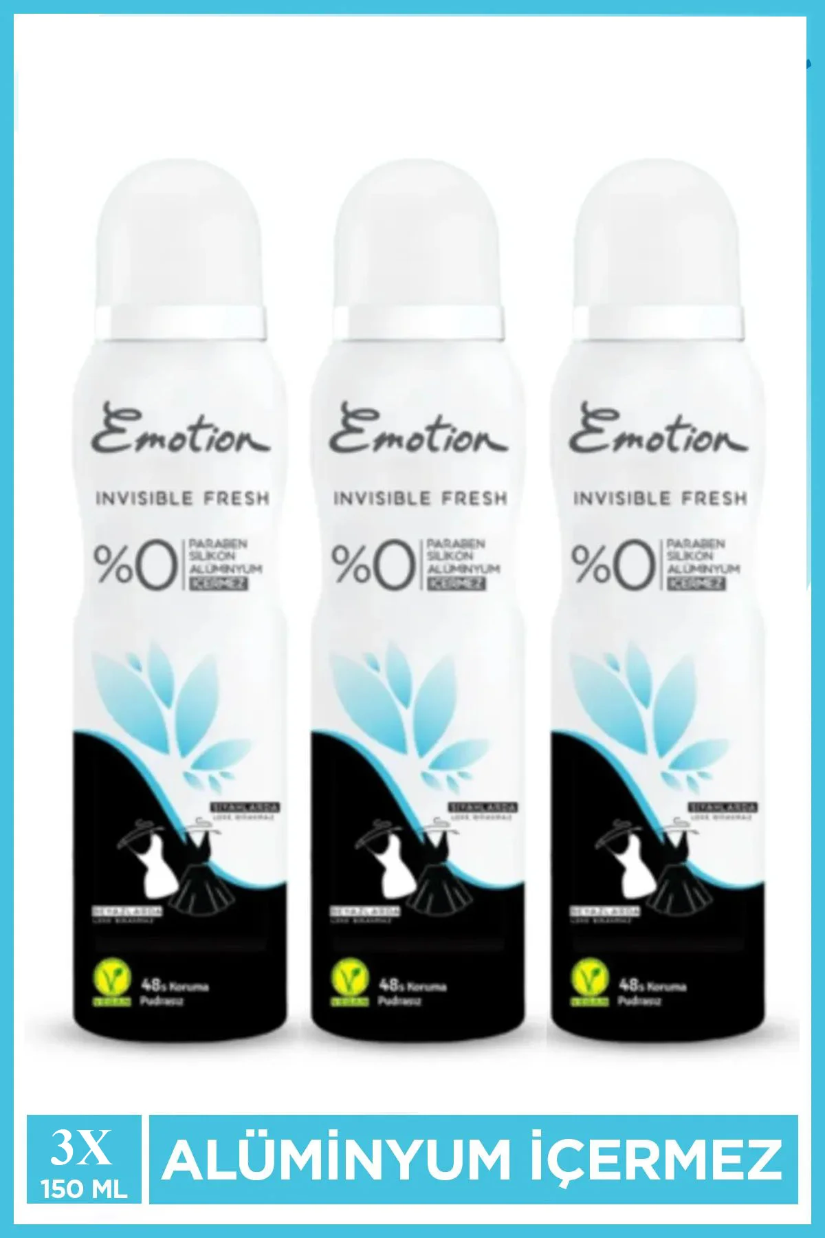 3 Adet Emotion Invisible Fresh Black &amp; White Kadın Deodorant 150ml Vegan, Leke Bırakmaz