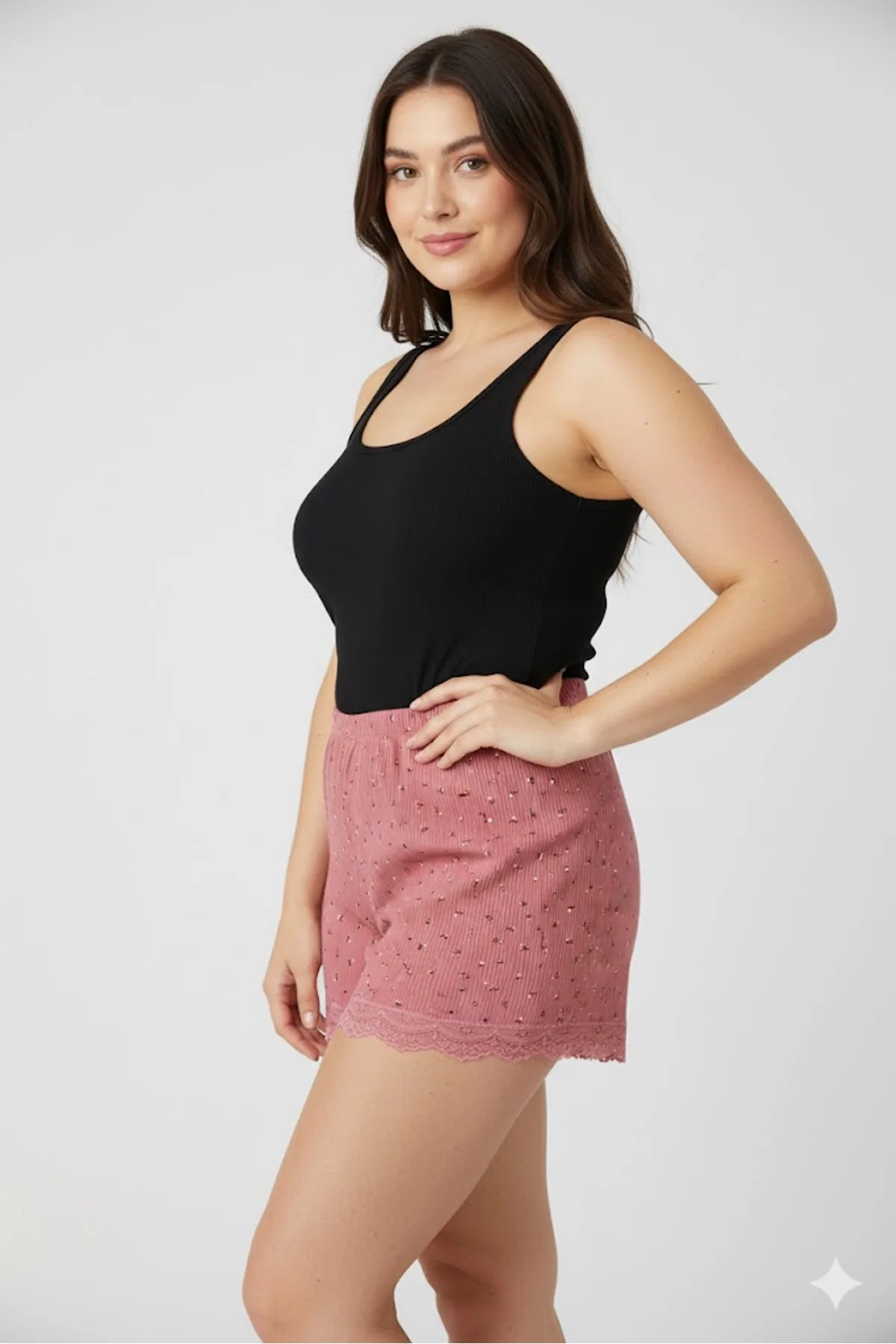 Düz Renk Mini Çiçek Desenli Penye Kadın Ev Şortu Bacak Dantel Detaylı Ev Giyim Pembe - Just Cheap Store Görsel 4
