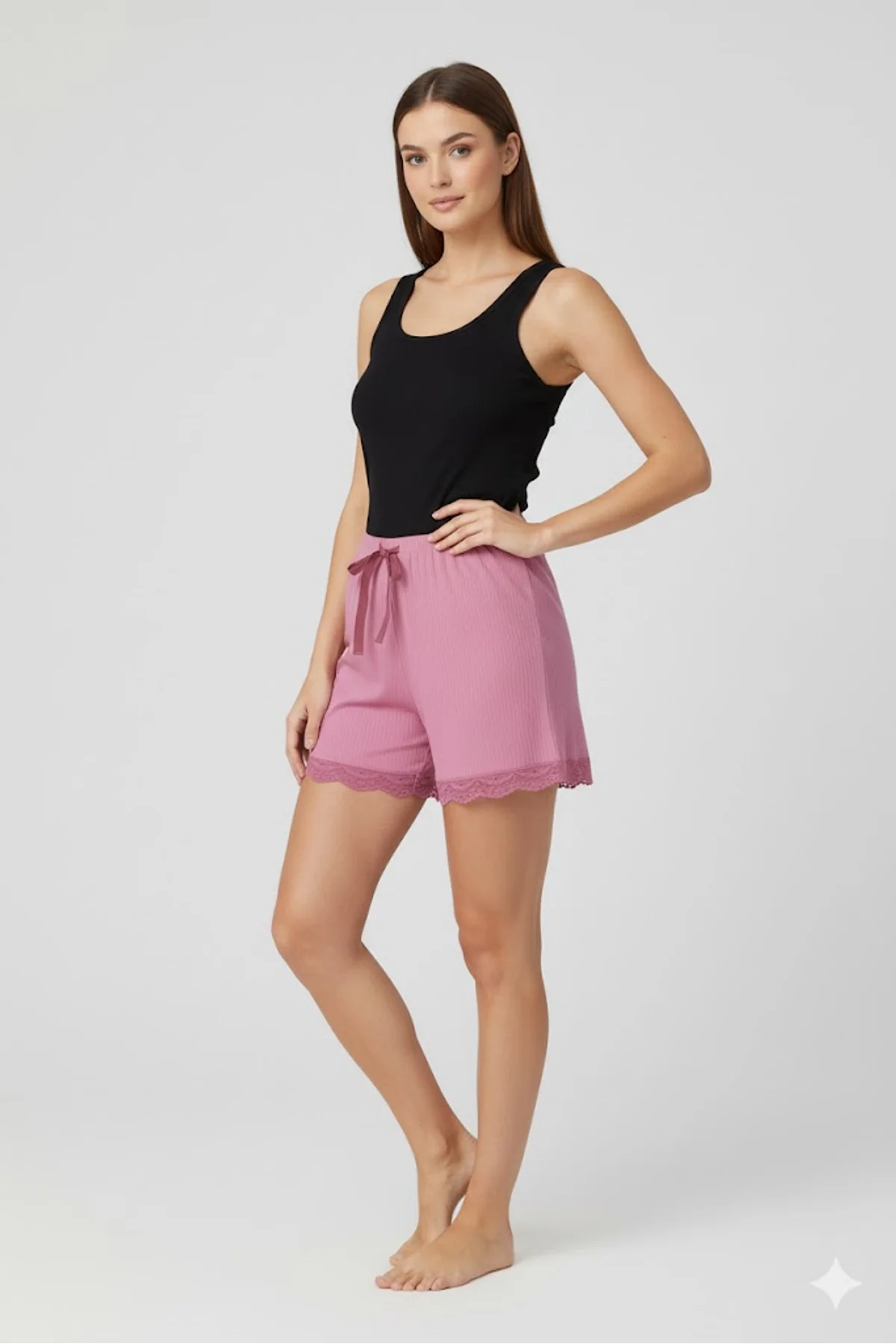 Bambu Fitilli Kadın Ev Şortu Bacak Dantel Detaylı Ev Giyim Pembe - Just Cheap Store Görsel 3