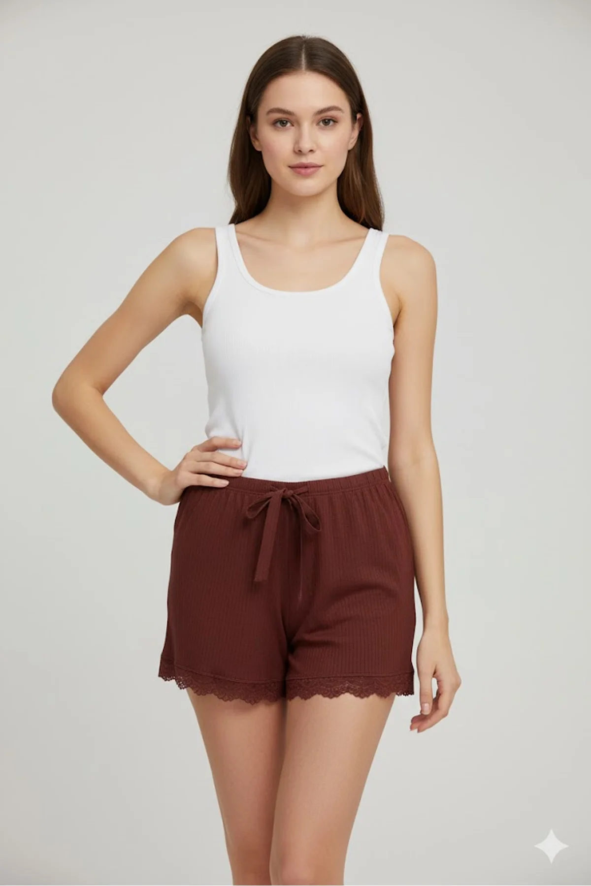 Bambu Fitilli Kadın Ev Şortu Bacak Dantel Detaylı Ev Giyim Koyu Taba - Just Cheap Store Görsel 2