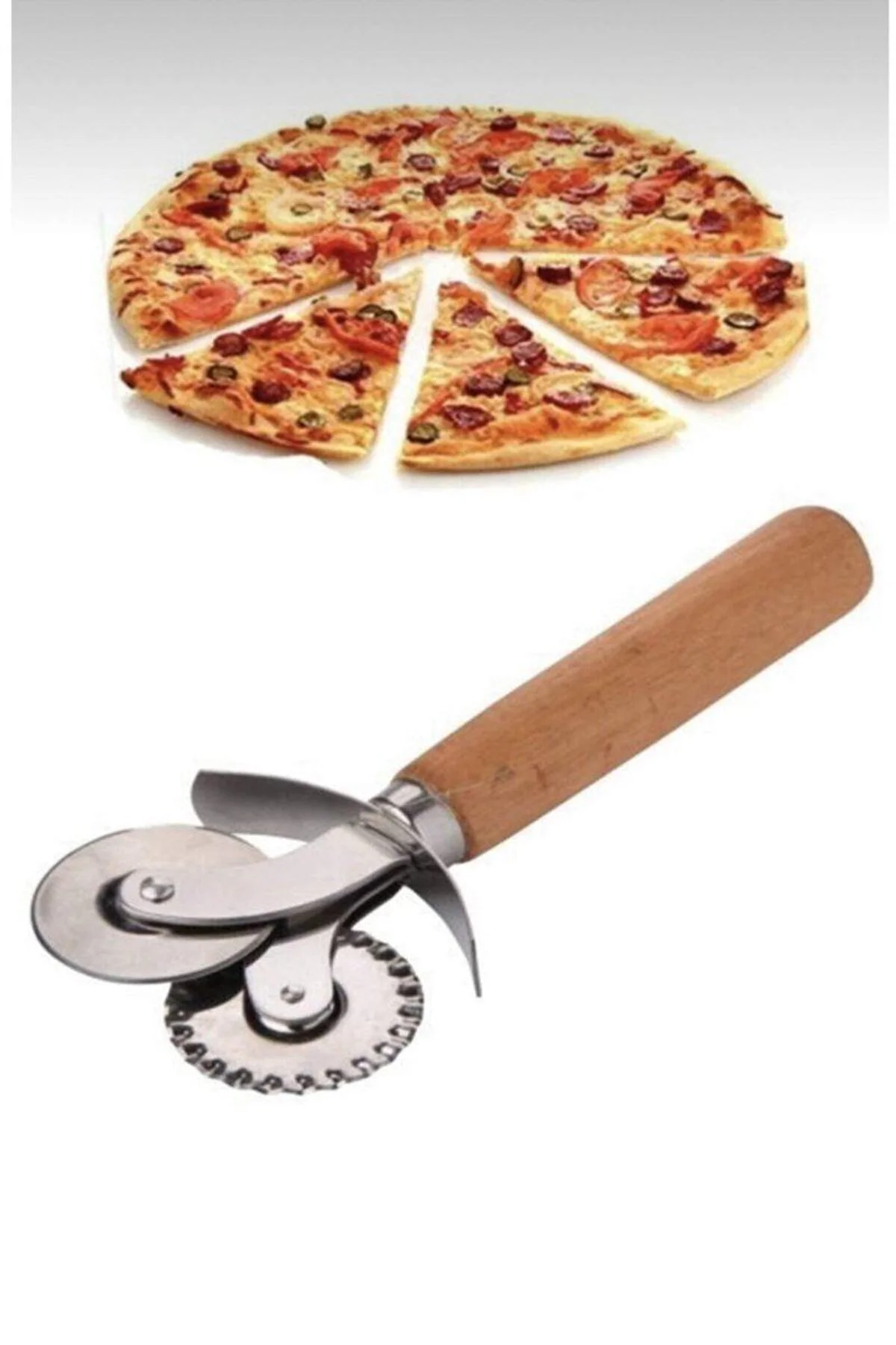 Çift Başlıklı Ahşap Saplı Pizza Kesici Hamur Kesici - Just Cheap Store Görsel 4