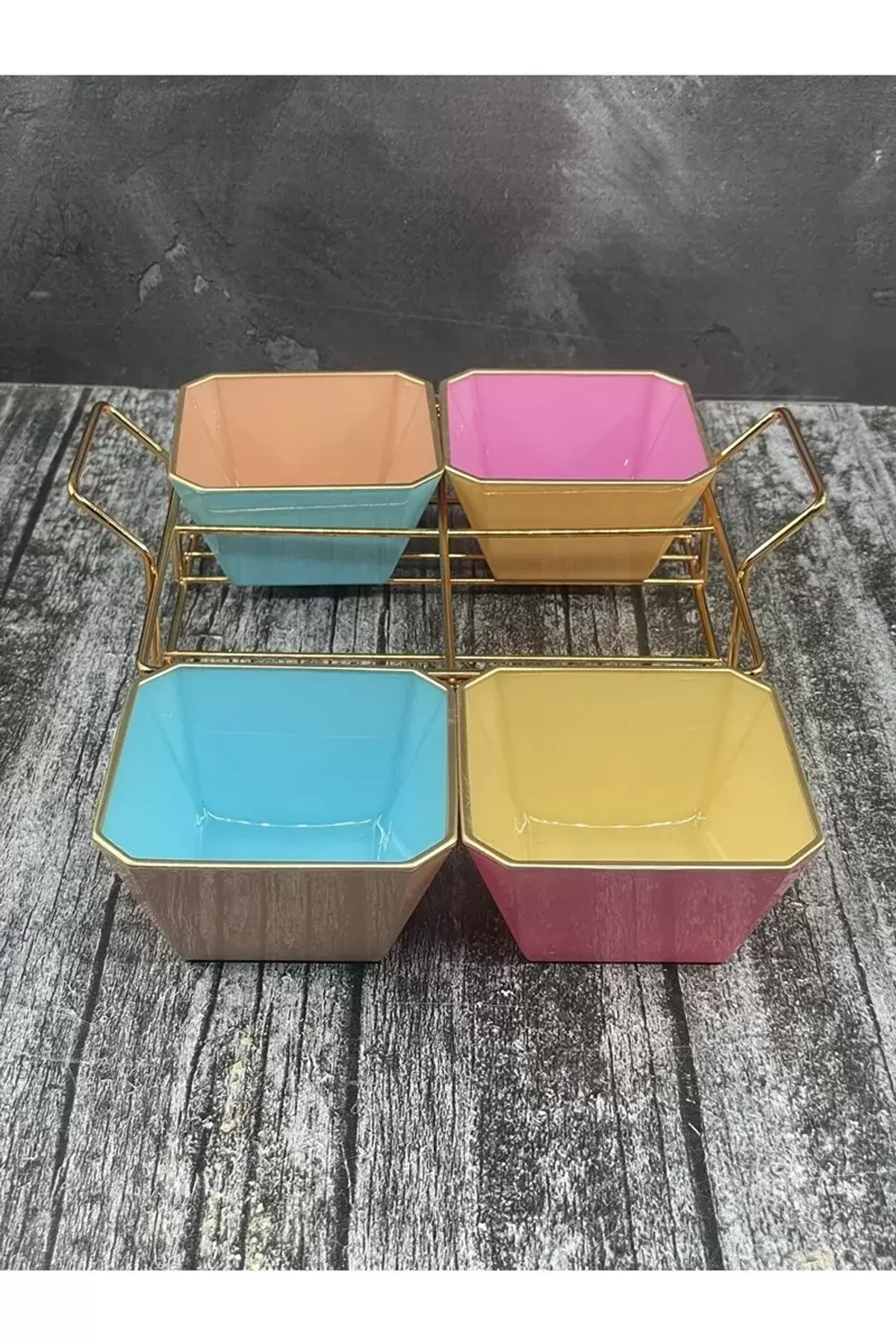 4 Bölmeli Gold Standlı Cam Kahvaltılık Çerezlik Sunumluk Renkli - Just Cheap Store Görsel 2