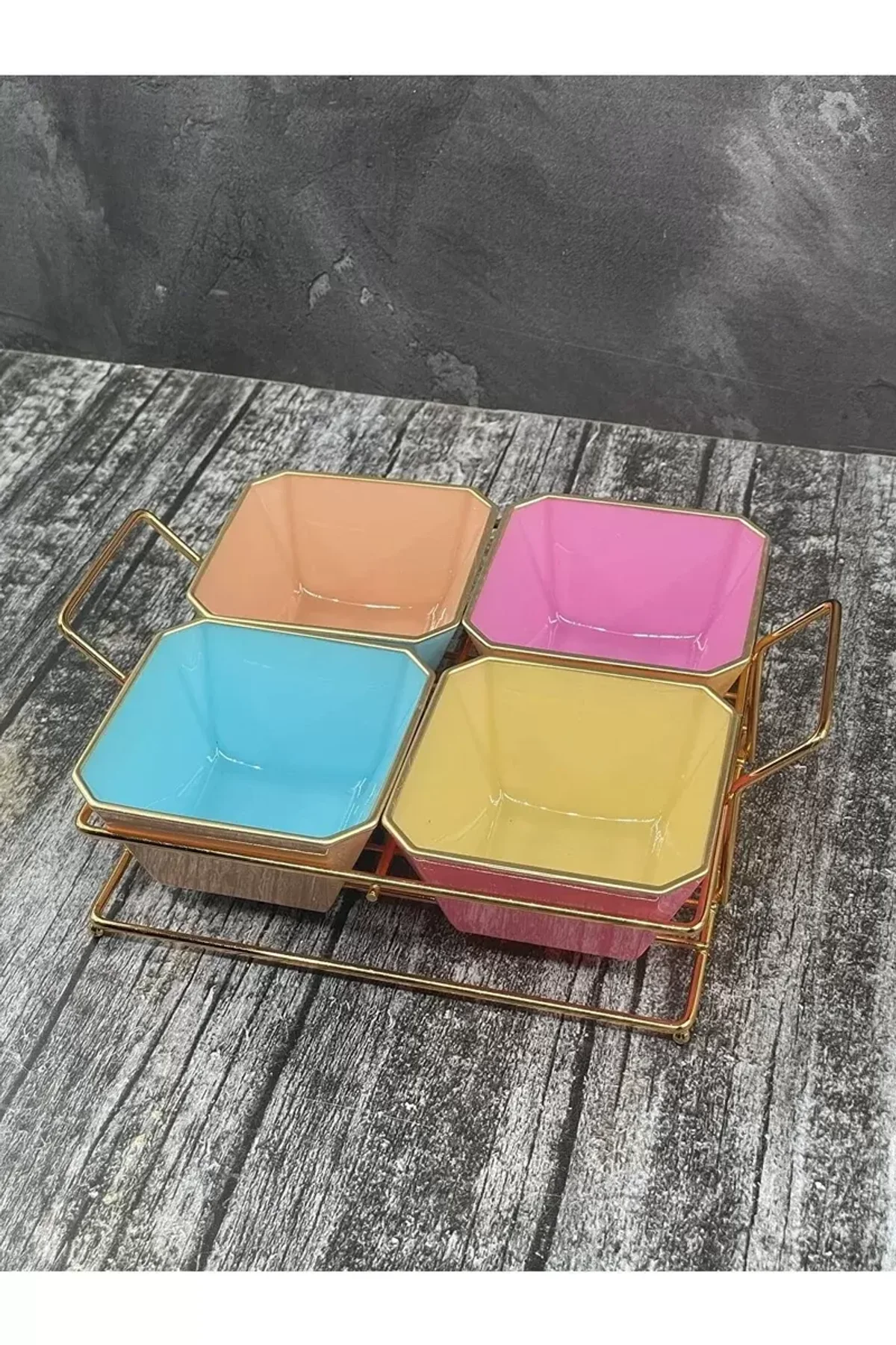 4 Bölmeli Gold Standlı Cam Kahvaltılık Çerezlik Sunumluk Renkli - Just Cheap Store Görsel 3