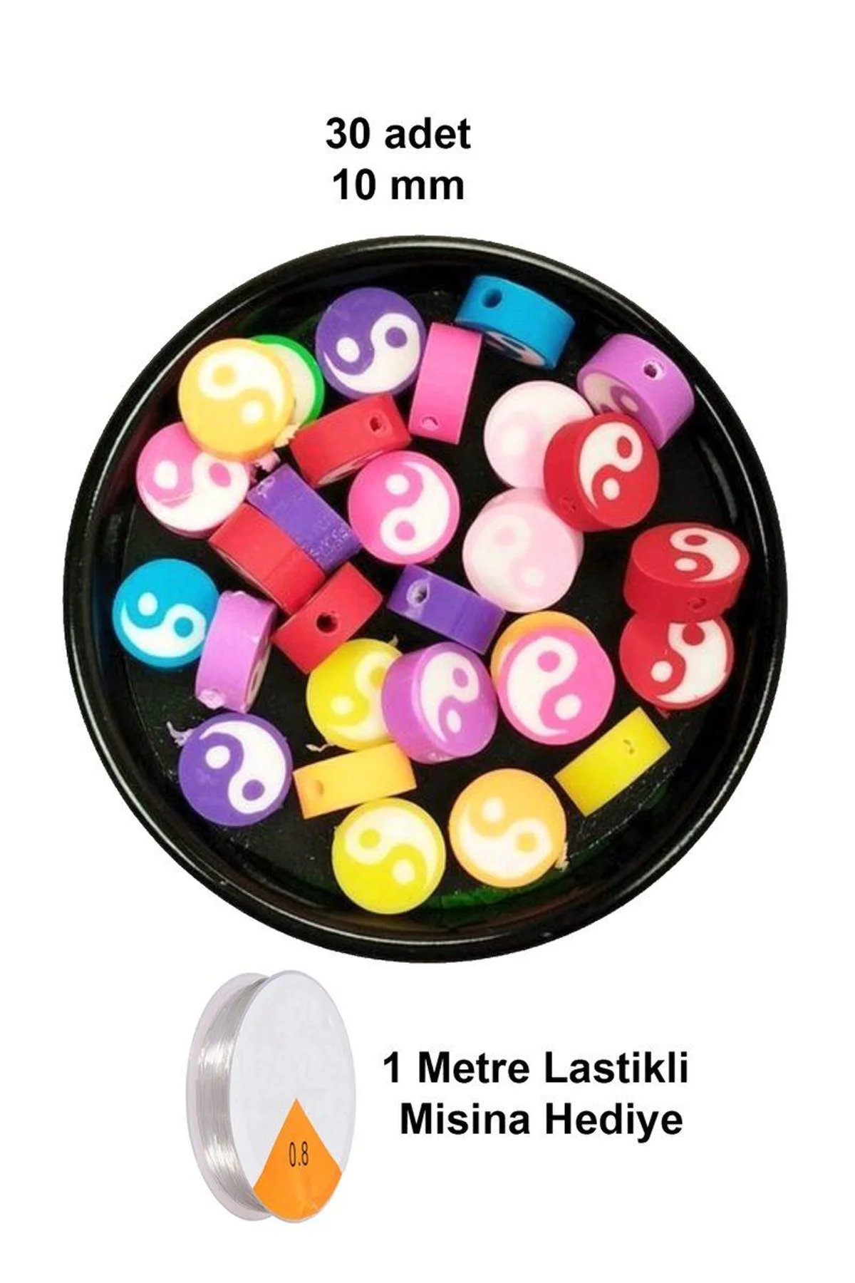 30 Adet 10 mm Polimer Kil Fimo Boncuk Takı Bileklik + 1 Metre Lastikli Misina Hediye - Renkli Yin Ya - Just Cheap Store Görsel 4