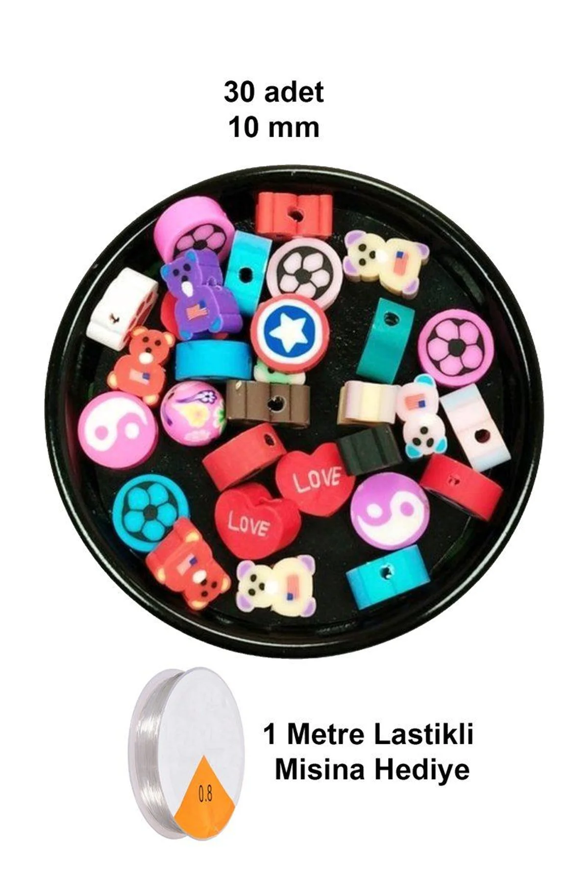 30 Adet 10 mm Polimer Kil Fimo Boncuk Takı Bileklik + 1 Metre Lastikli Misina Hediye - Karışık Renkl - Just Cheap Store Görsel 4
