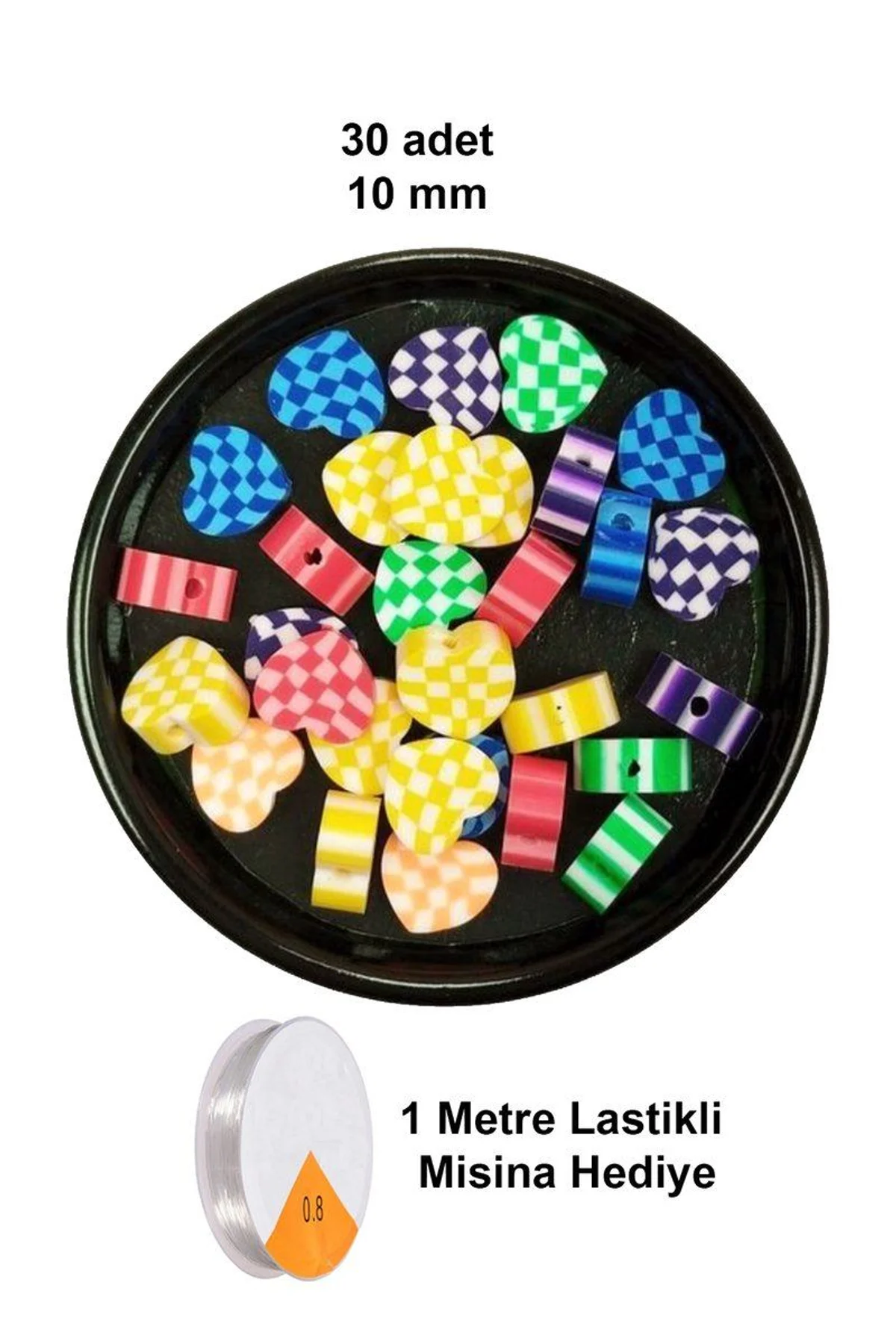 30 Adet 10 mm Polimer Kil Fimo Boncuk Takı Bileklik + 1 Metre Lastikli Misina Hediye - Desenli Kalp - Just Cheap Store Görsel 4