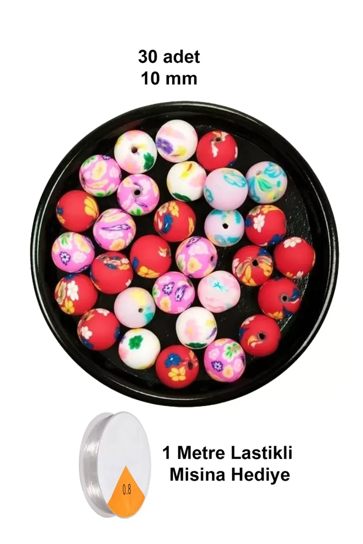 30 Adet 10 mm Polimer Kil Fimo Boncuk Takı Bileklik + 1 Metre Lastikli Misina Hediye - Desenli Yuvar