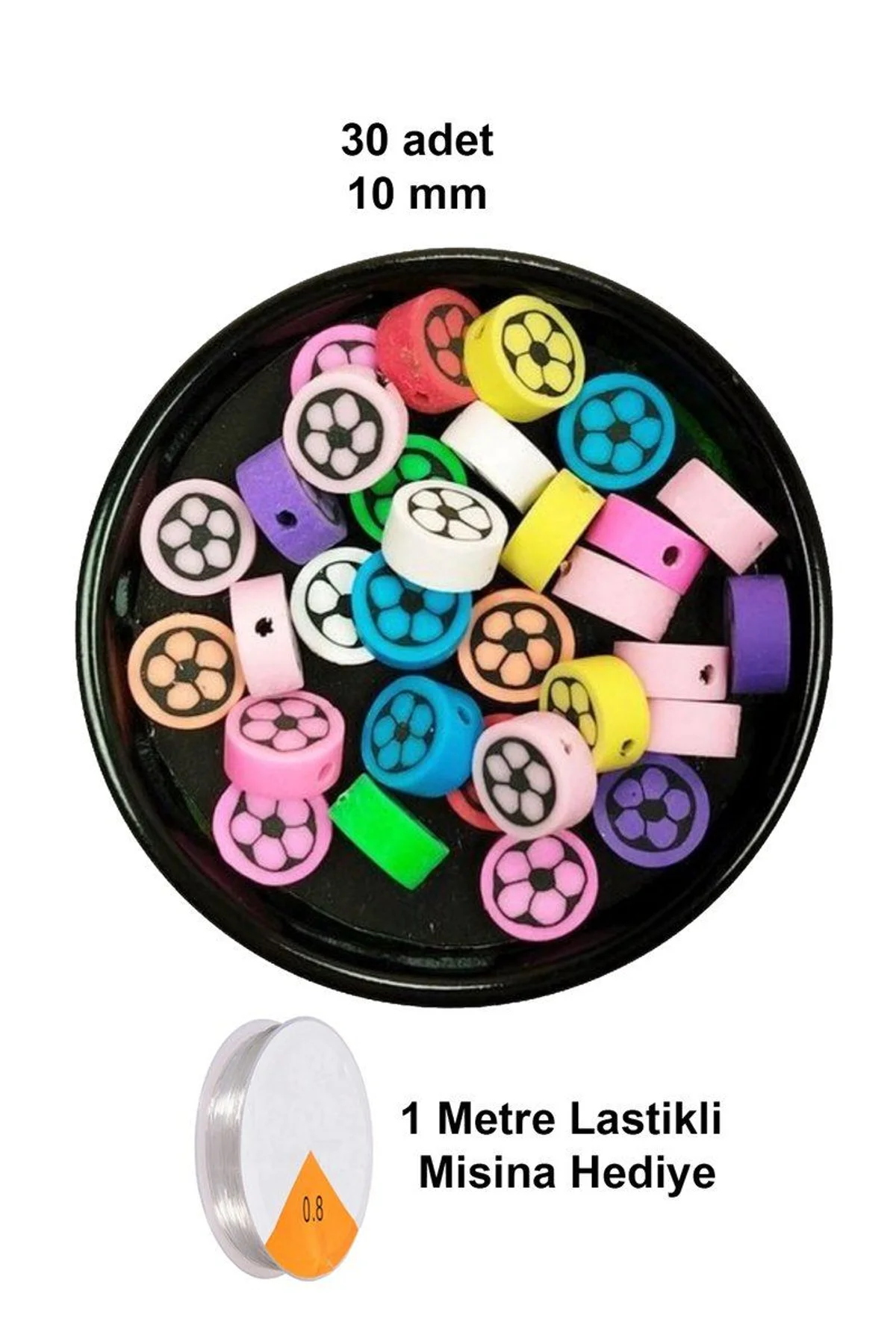 30 Adet 10 mm Polimer Kil Fimo Boncuk Takı Bileklik + 1 Metre Lastikli Misina Hediye - Renkli Çiçek - Just Cheap Store Görsel 4