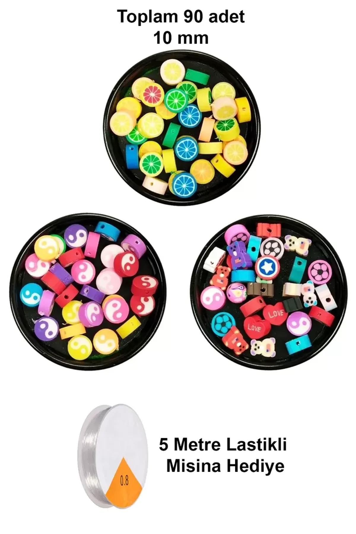 90 Adet 10 mm Polimer Kil Fimo Boncuk Takı Bileklik + 5 Metre Misina Hediye - Yin Yang - Karışık - L