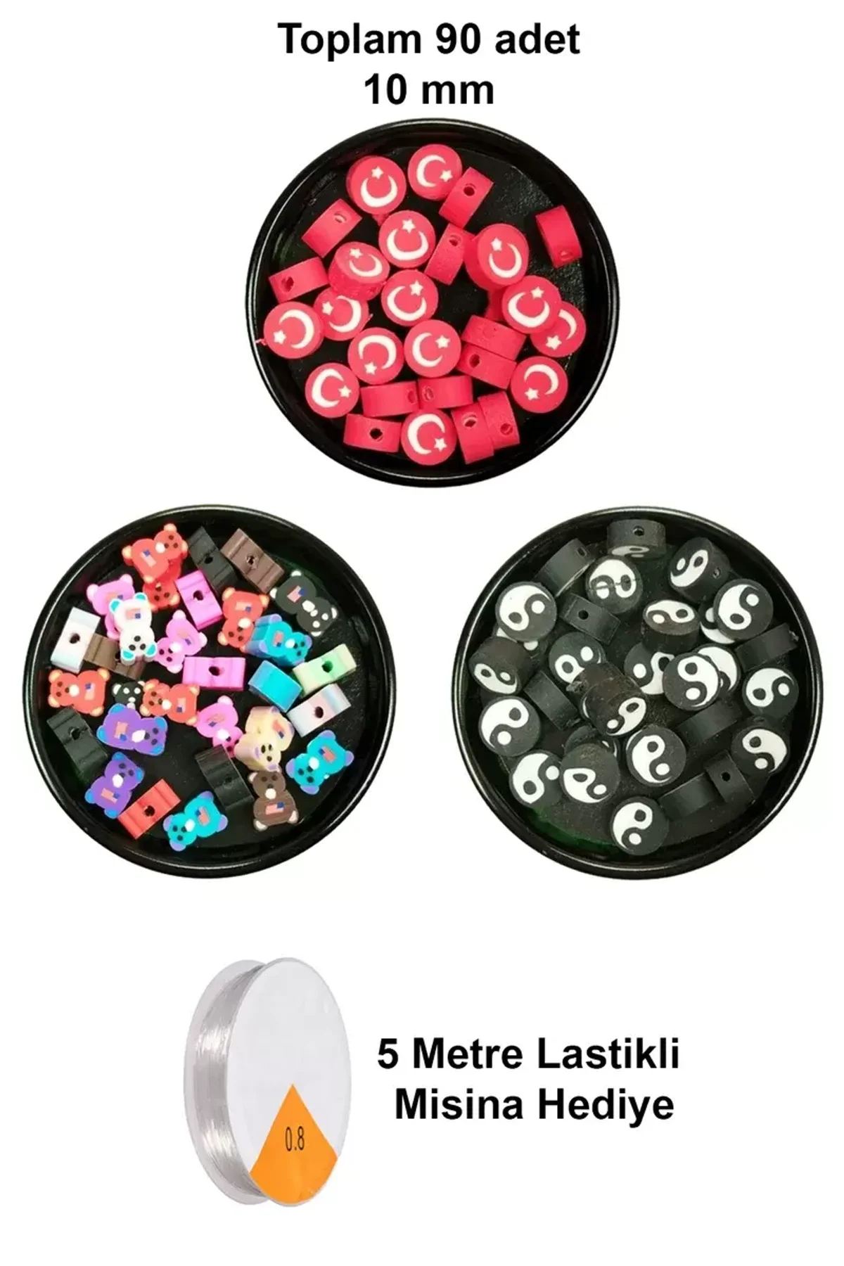90 Adet 10 mm Polimer Kil Fimo Boncuk Takı Bileklik + 5 Metre Misina Hediye - Ayıcık - Bayrak - Yin