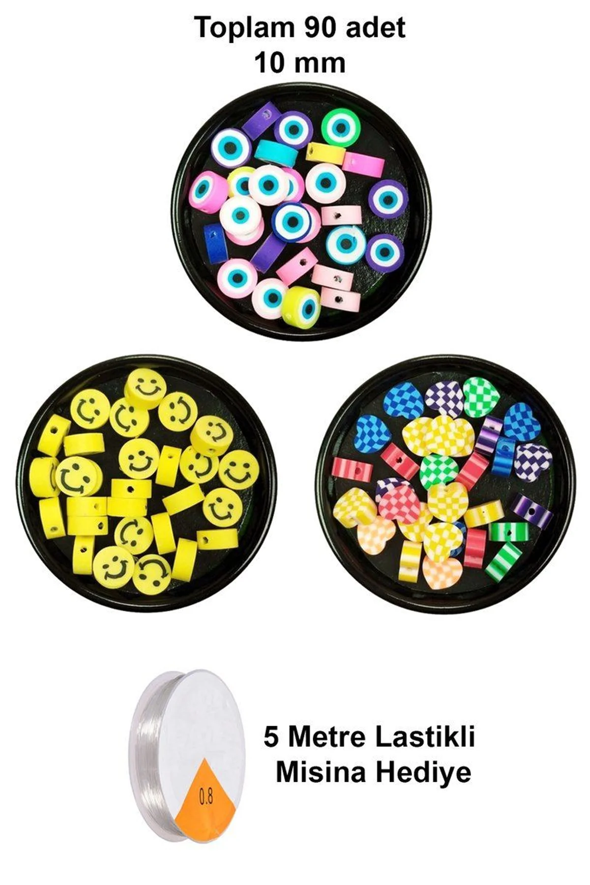 90 Adet 10 mm Polimer Kil Fimo Boncuk Takı Bileklik + 5 Metre Misina Hediye - Smile - Kalp - Nazar - Just Cheap Store Görsel 5