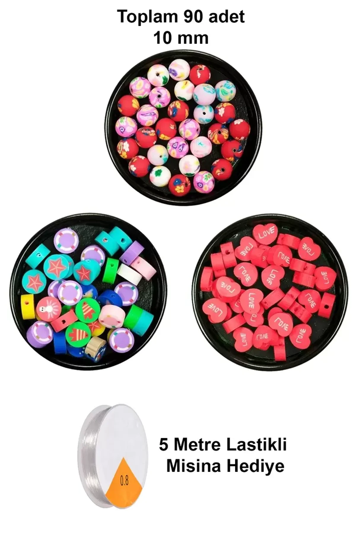 90 Adet 10 mm Polimer Kil Fimo Boncuk Takı Bileklik + 5 Metre Misina Hediye - Deniz - Kalp - Yuvarla