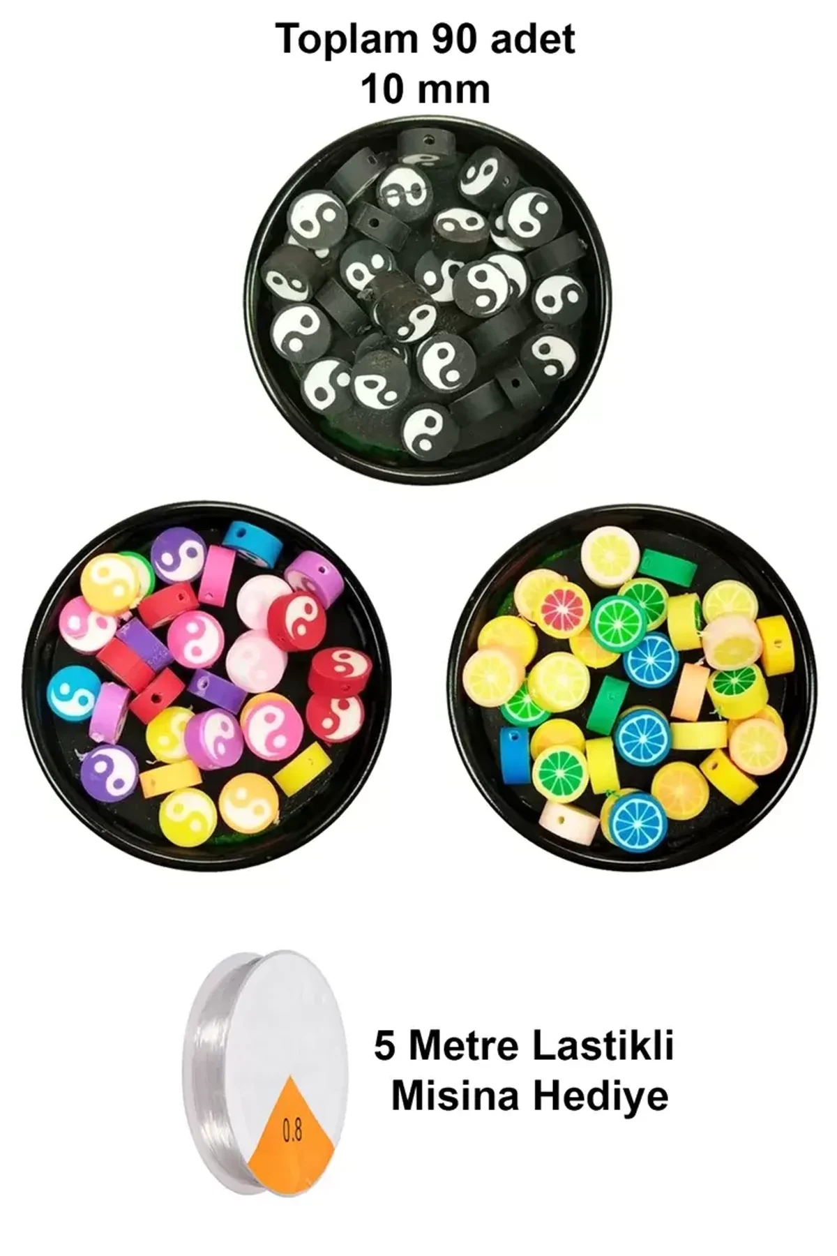 90 Adet 10 mm Polimer Kil Fimo Boncuk Takı Bileklik + 5 Metre Misina Hediye - Yin Yang - Yin Yang