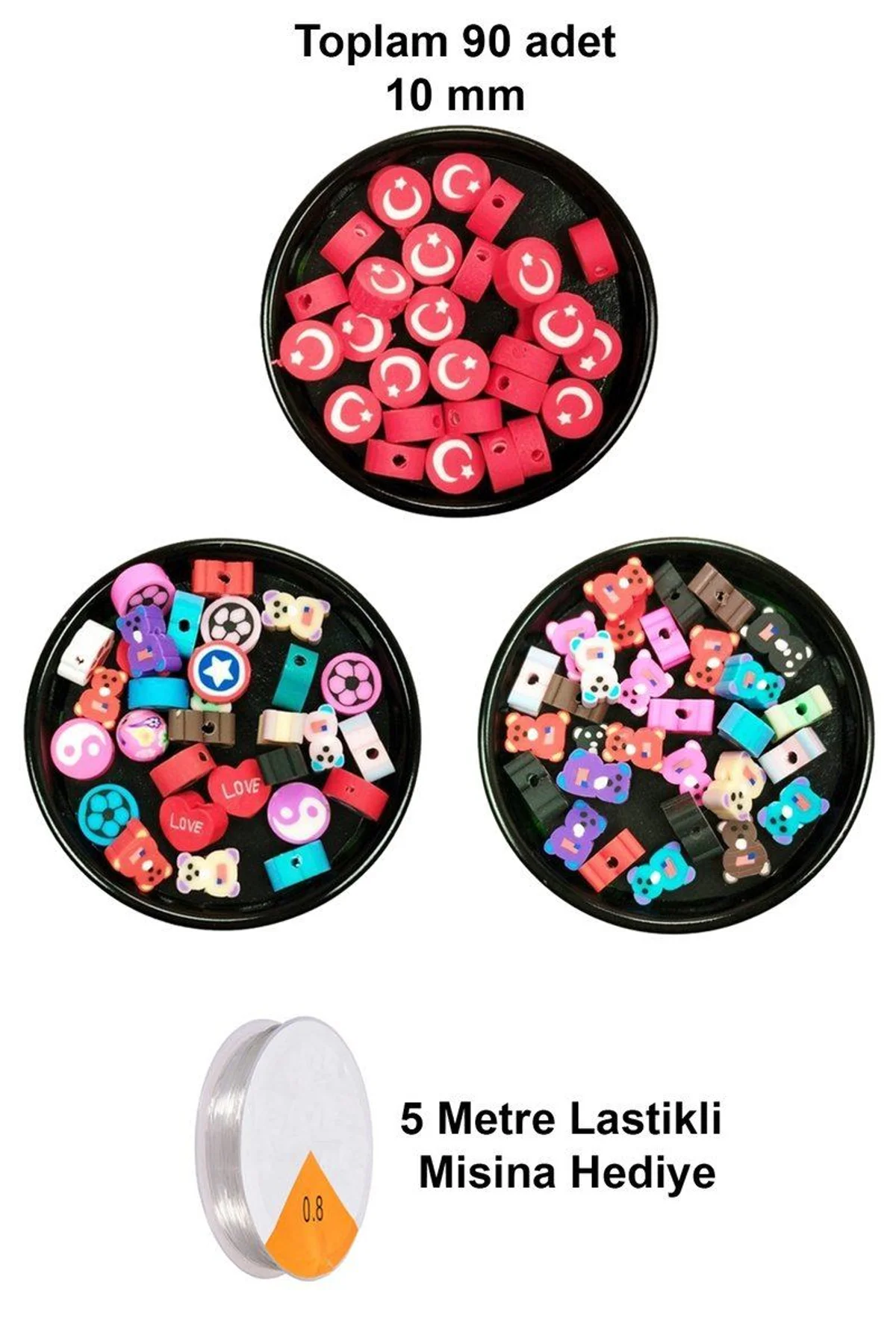 90 Adet 10 mm Polimer Kil Fimo Boncuk Takı Bileklik + 5 Metre Misina Hediye - Karışık - Bayrak - Ayı - Just Cheap Store Görsel 5