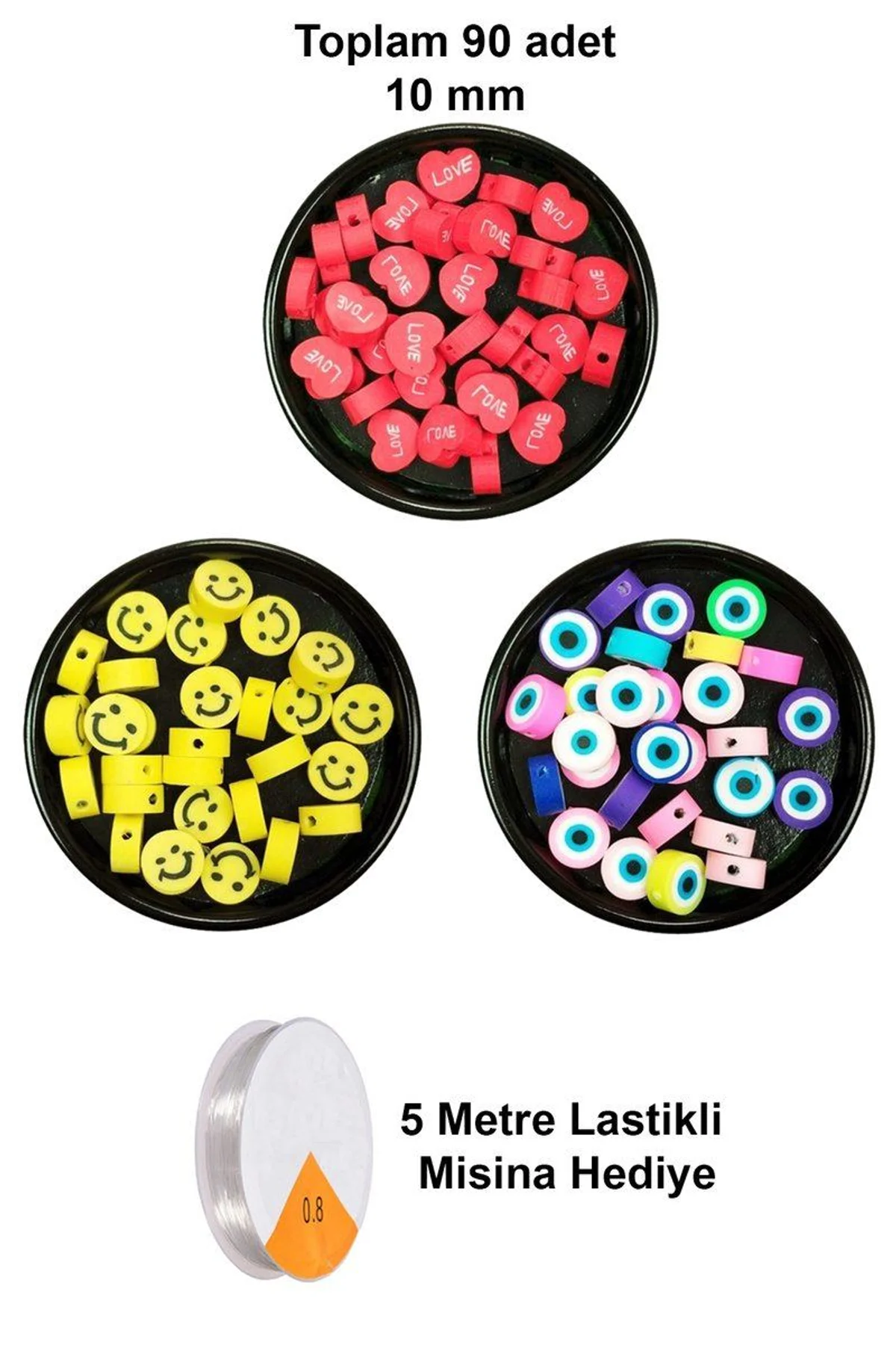 90 Adet 10 mm Polimer Kil Fimo Boncuk Takı Bileklik + 5 Metre Misina Hediye - Smile - Nazar - Love - Just Cheap Store Görsel 5