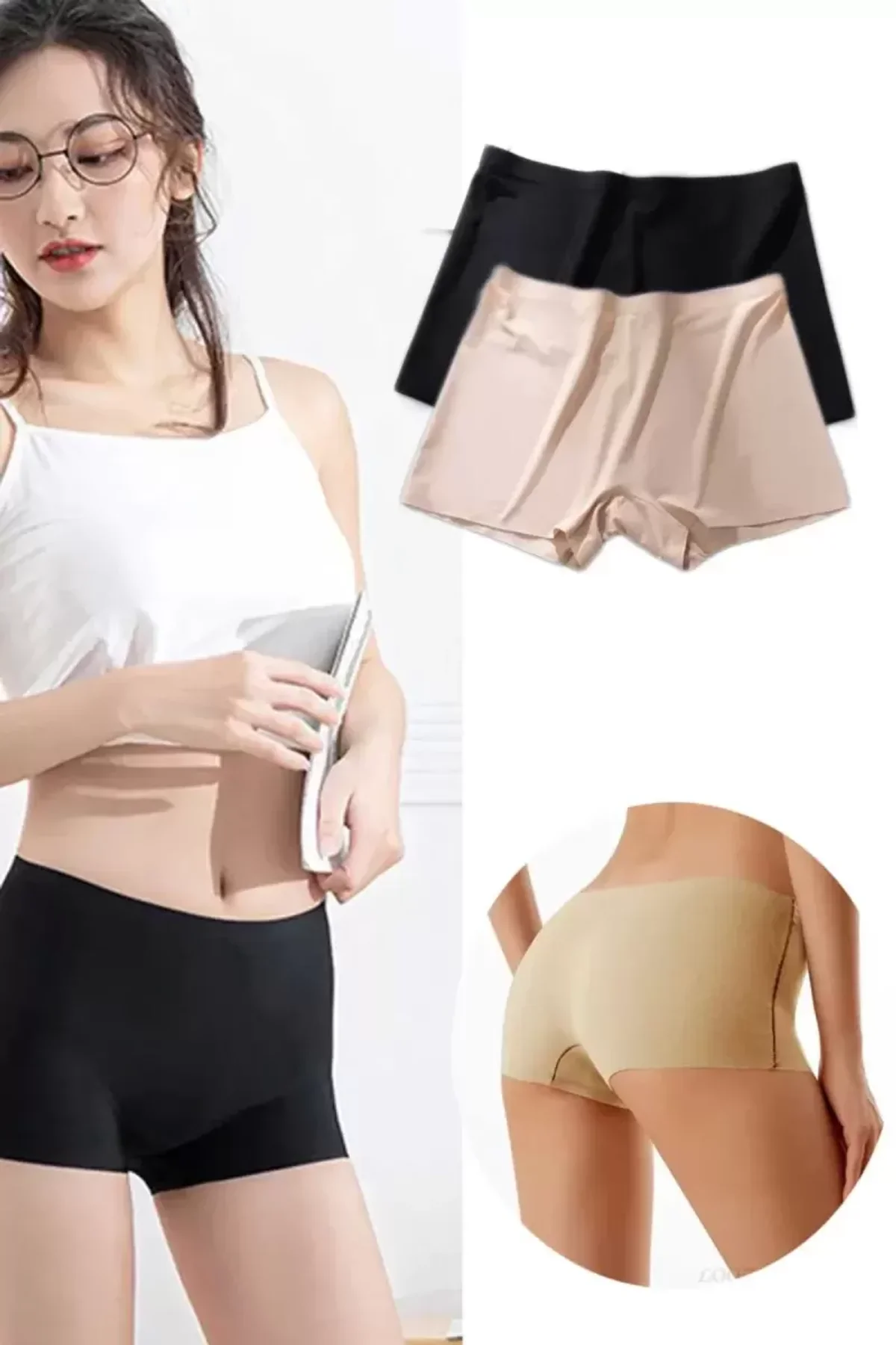 2 Adet Kadın Dikişsiz Görünmez İz Yapmaz Mini Şort Boxer Siyah Ten mudanis