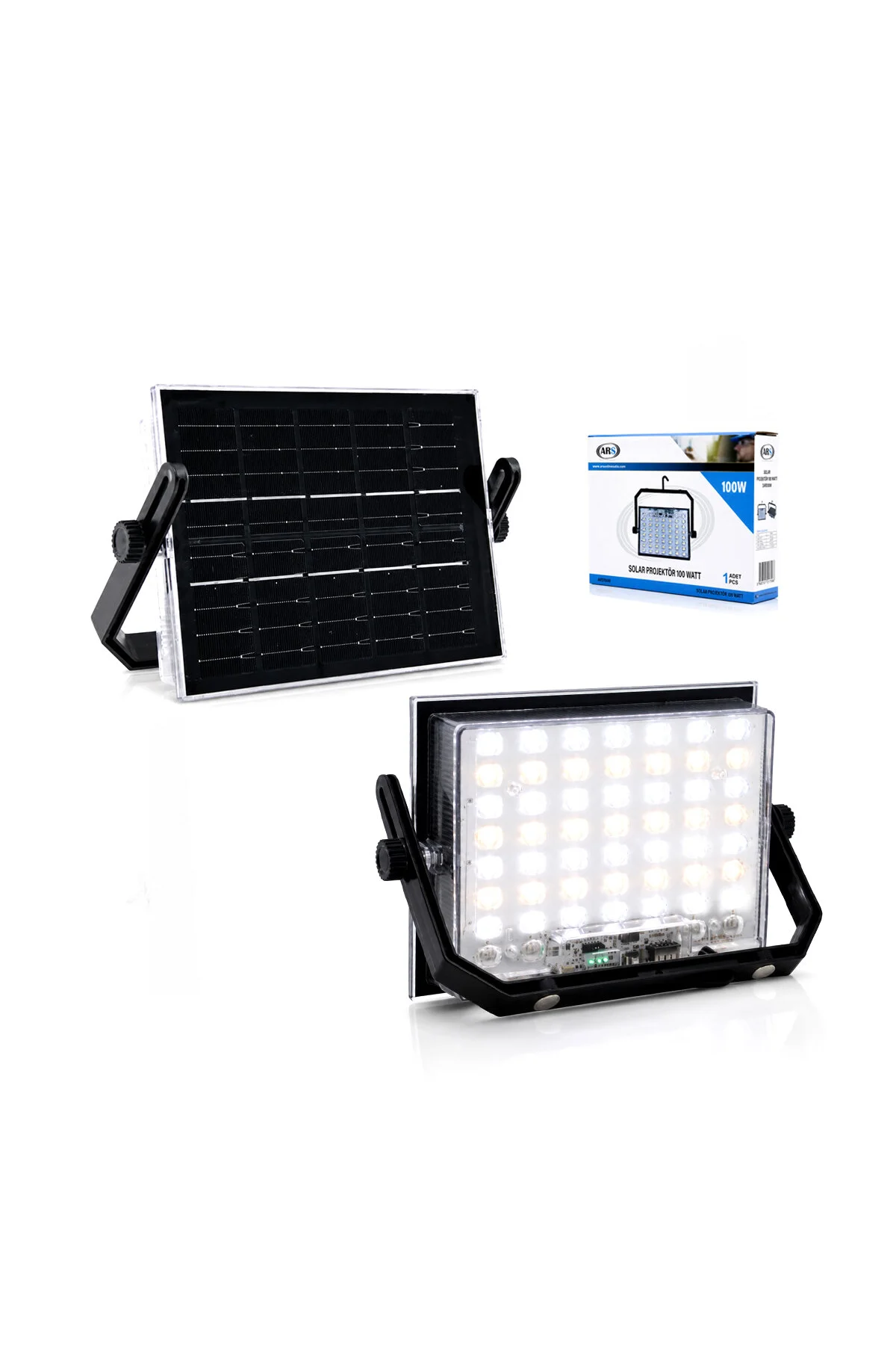 100W GÜNEŞ ENERJİLİ LED IŞIK SOLAR PROJEKTÖR - FENER KAMP - DIŞ MEKAN 3 FARKLI LED IŞIK 348960 LMB (