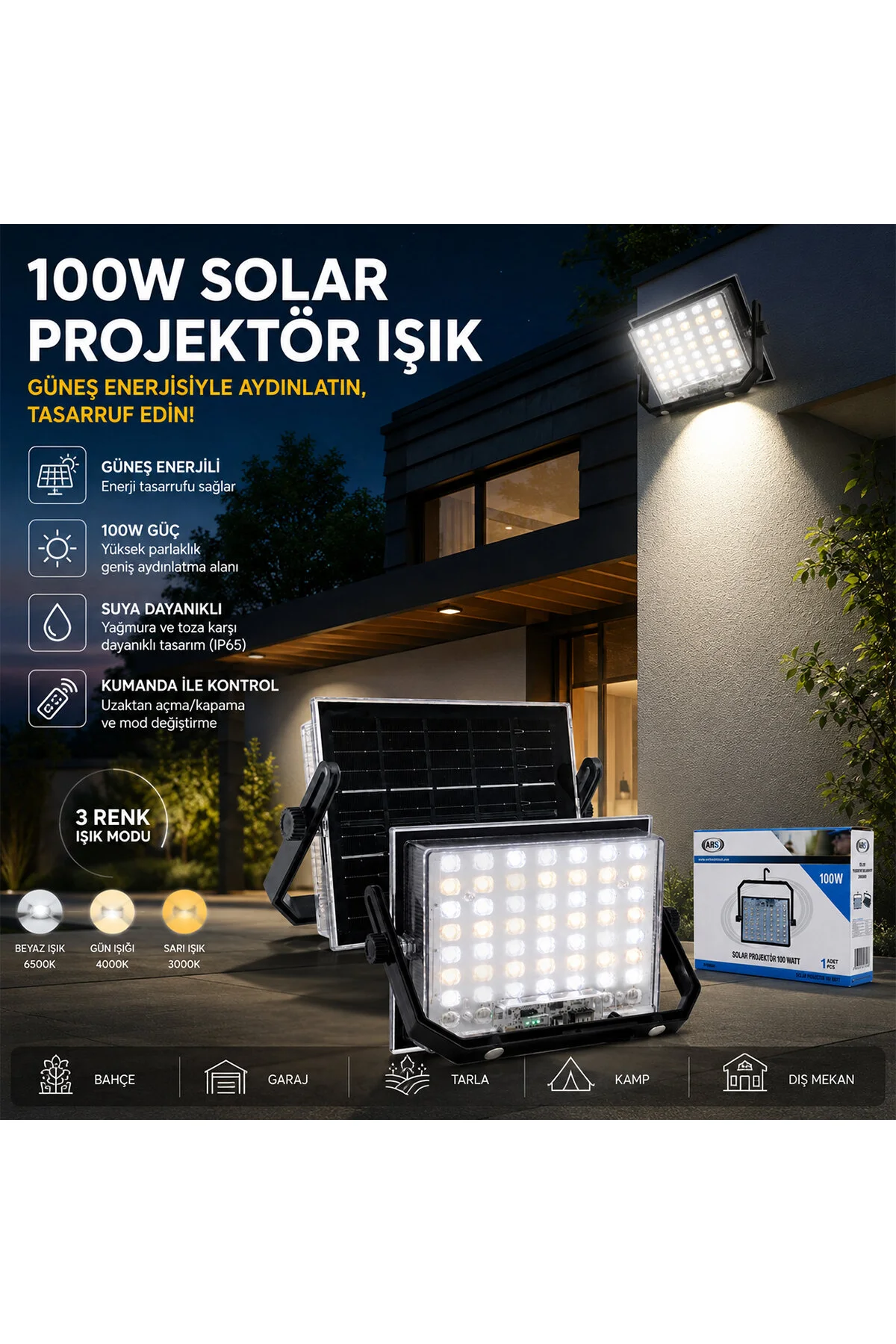 100W GÜNEŞ ENERJİLİ LED IŞIK SOLAR PROJEKTÖR - FENER KAMP - DIŞ MEKAN 3 FARKLI LED IŞIK 348960 LMB ( - Just Cheap Store Görsel 2